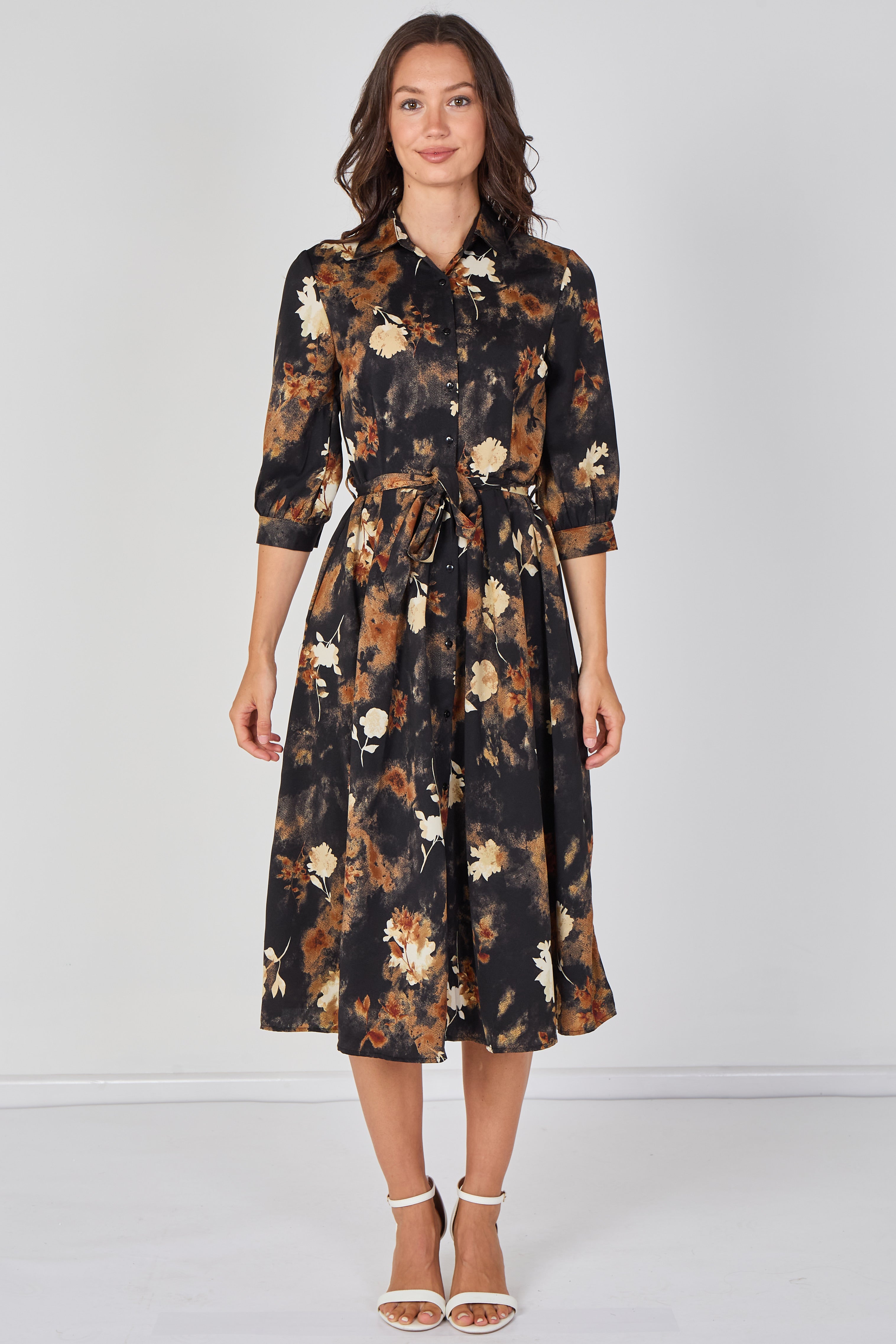 8Pcs Black Rust Watercolour Floral Belted Midi Shirt Dress