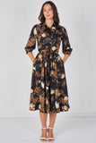 8Pcs Black Rust Watercolour Floral Belted Midi Shirt Dress