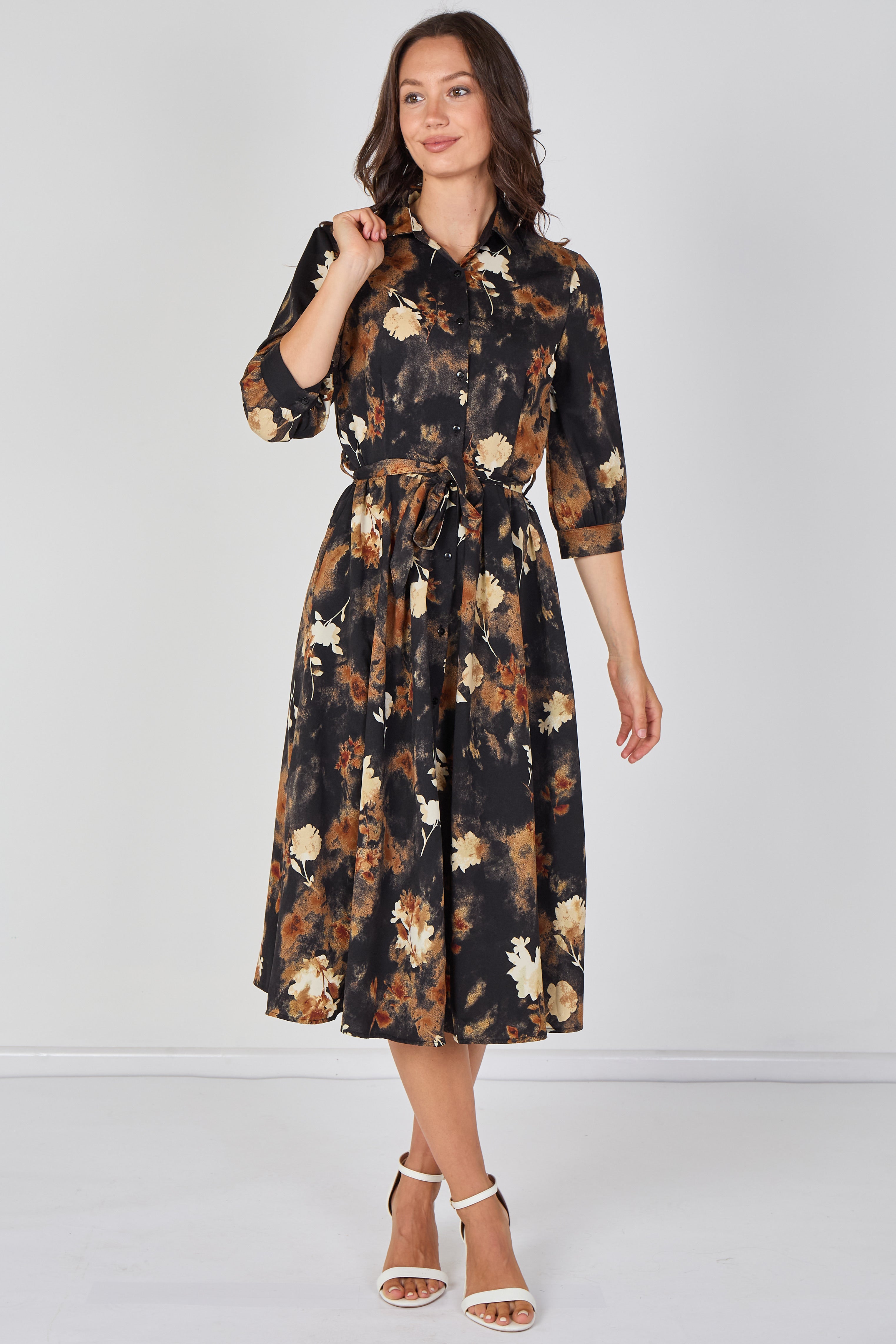 8Pcs Black Rust Watercolour Floral Belted Midi Shirt Dress