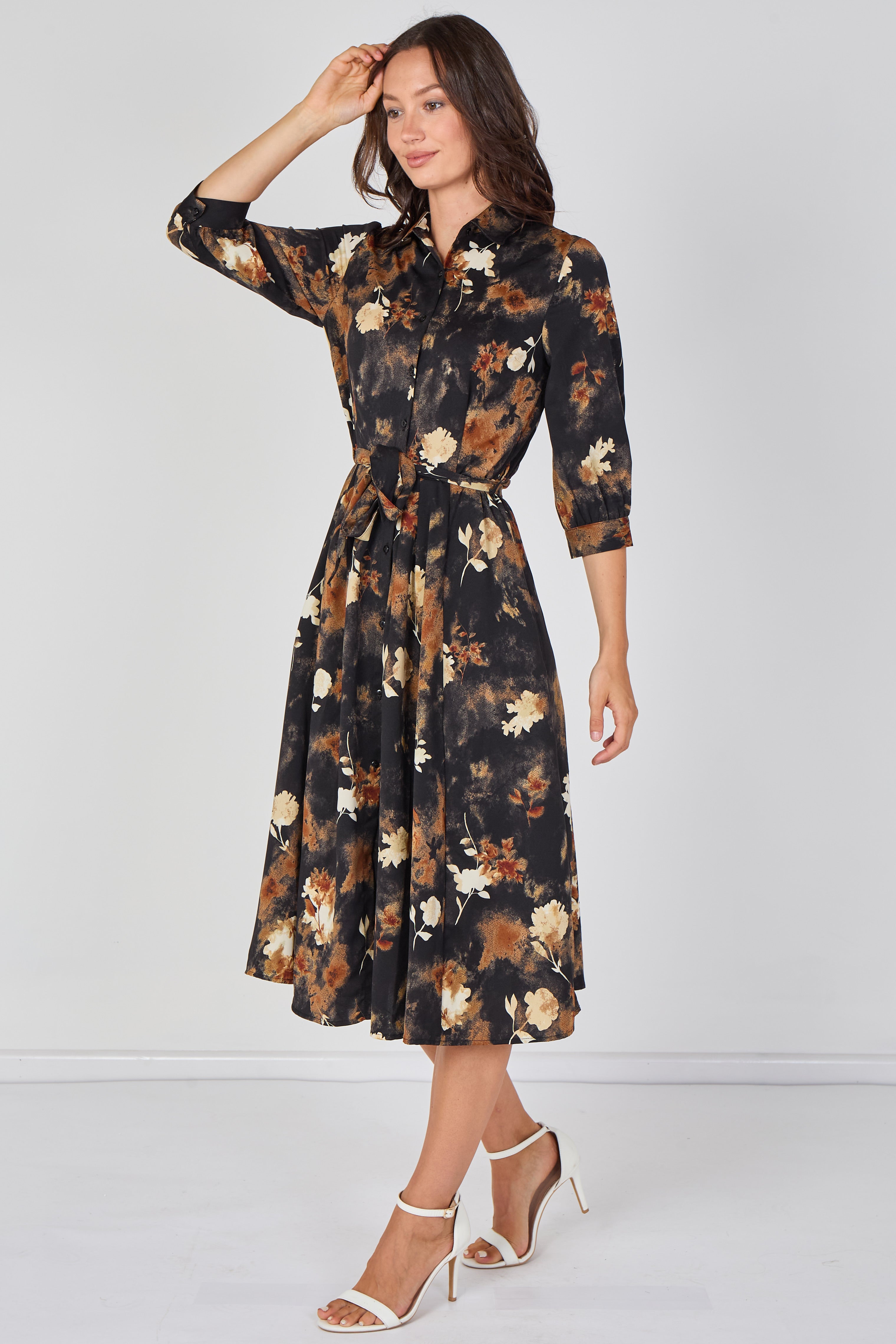 8Pcs Black Rust Watercolour Floral Belted Midi Shirt Dress