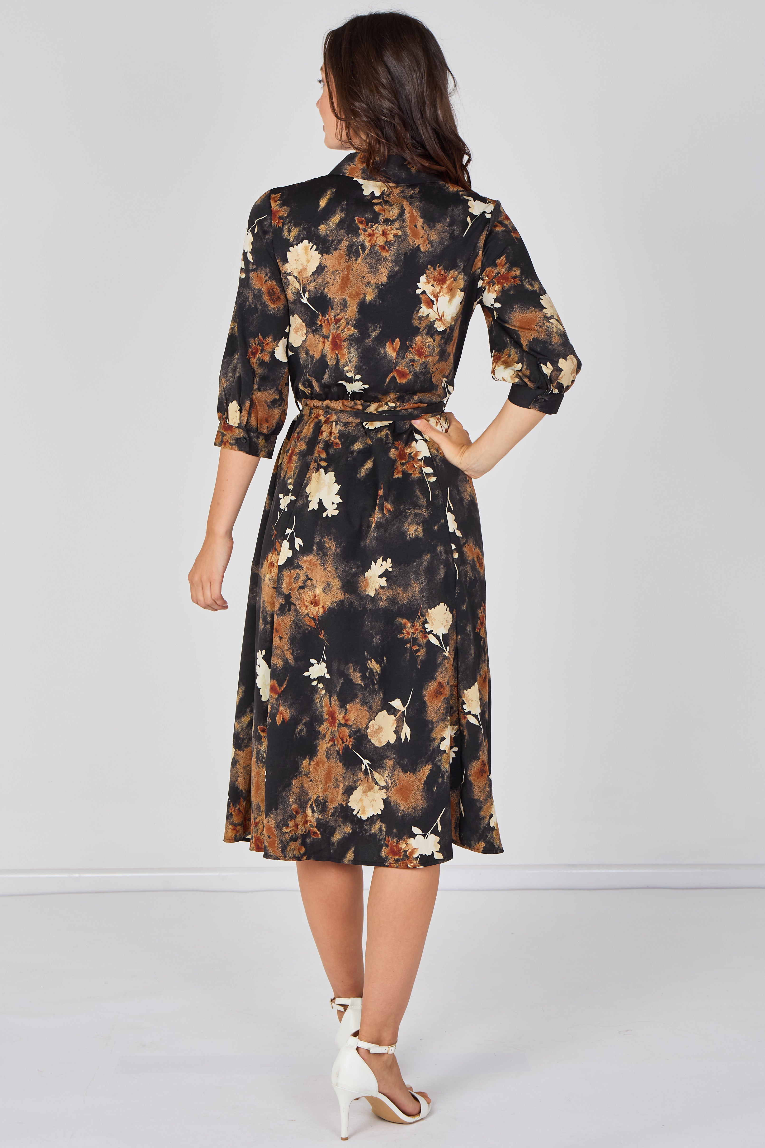 8Pcs Black Rust Watercolour Floral Belted Midi Shirt Dress