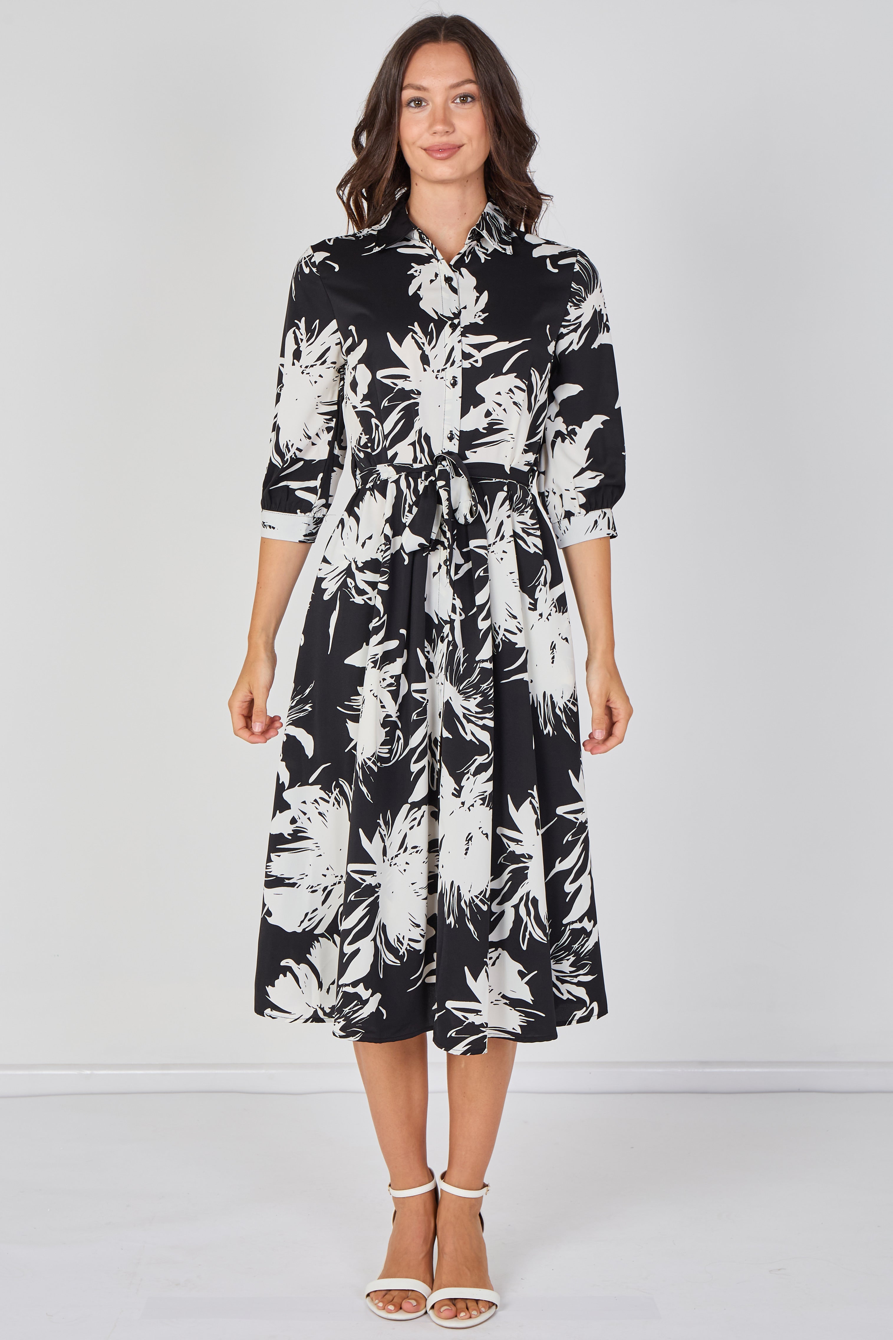8Pcs Black and White Brushstroke Floral Belted Midi Shirt Dress