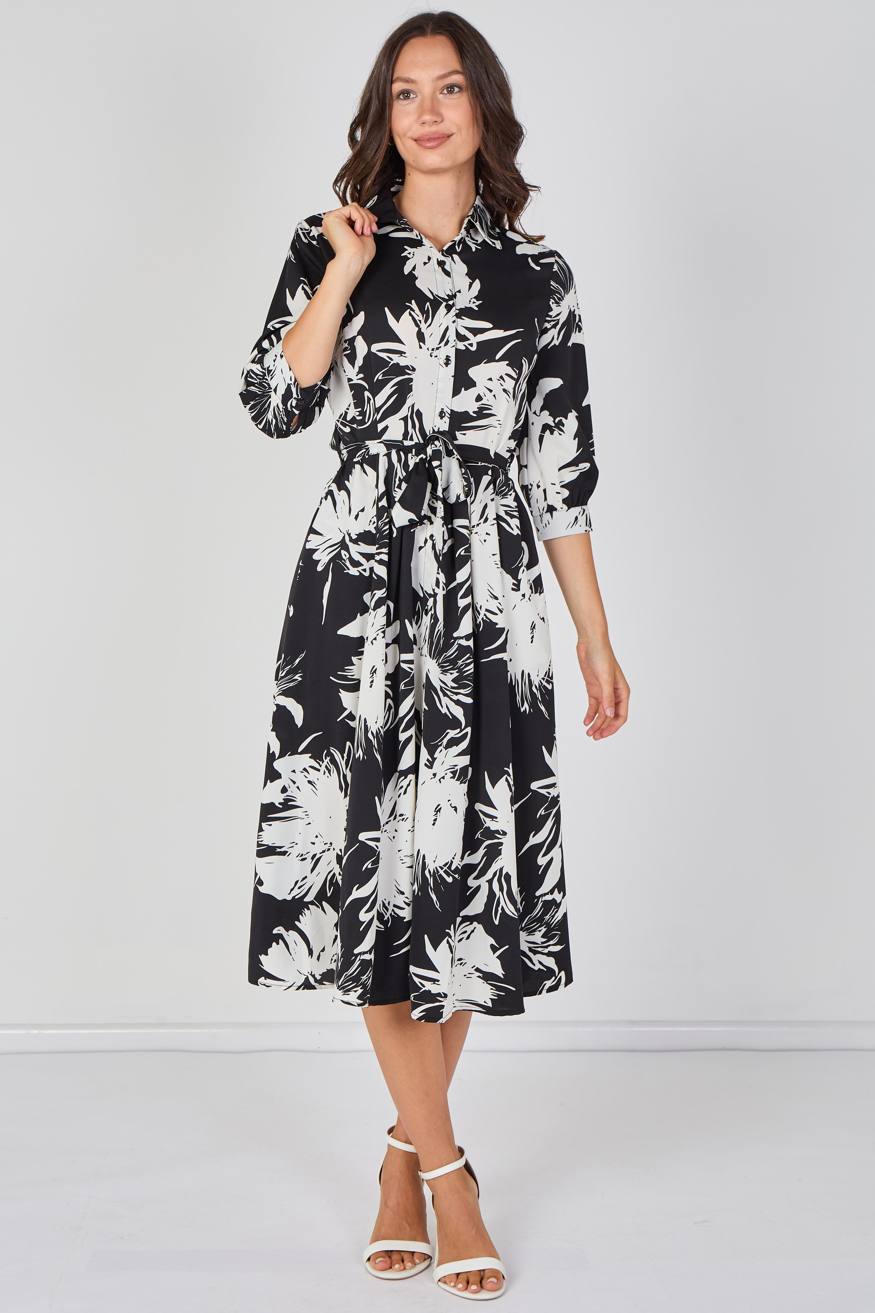8Pcs Black and White Brushstroke Floral Belted Midi Shirt Dress