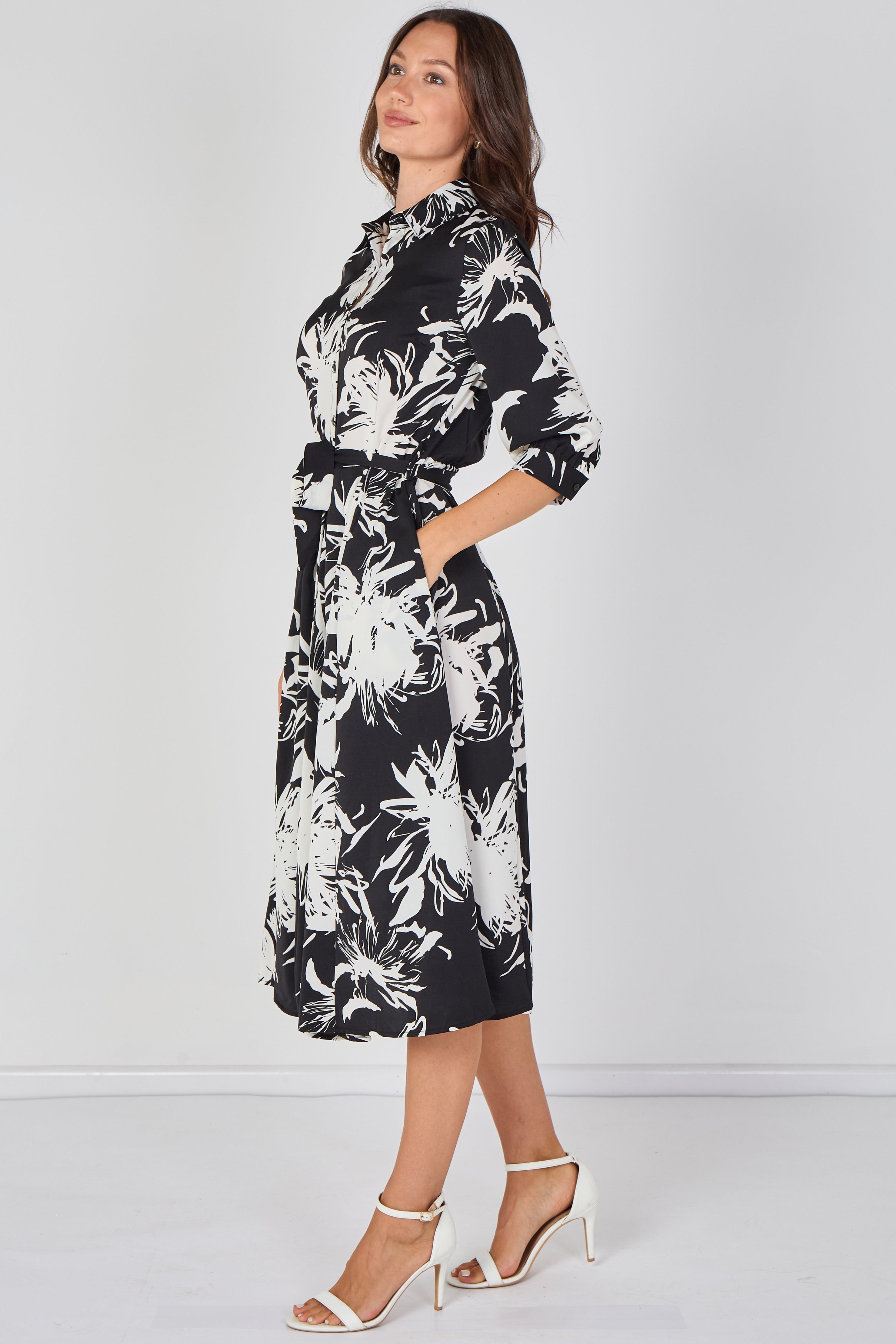 8Pcs Black and White Brushstroke Floral Belted Midi Shirt Dress