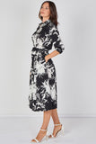 8Pcs Black and White Brushstroke Floral Belted Midi Shirt Dress