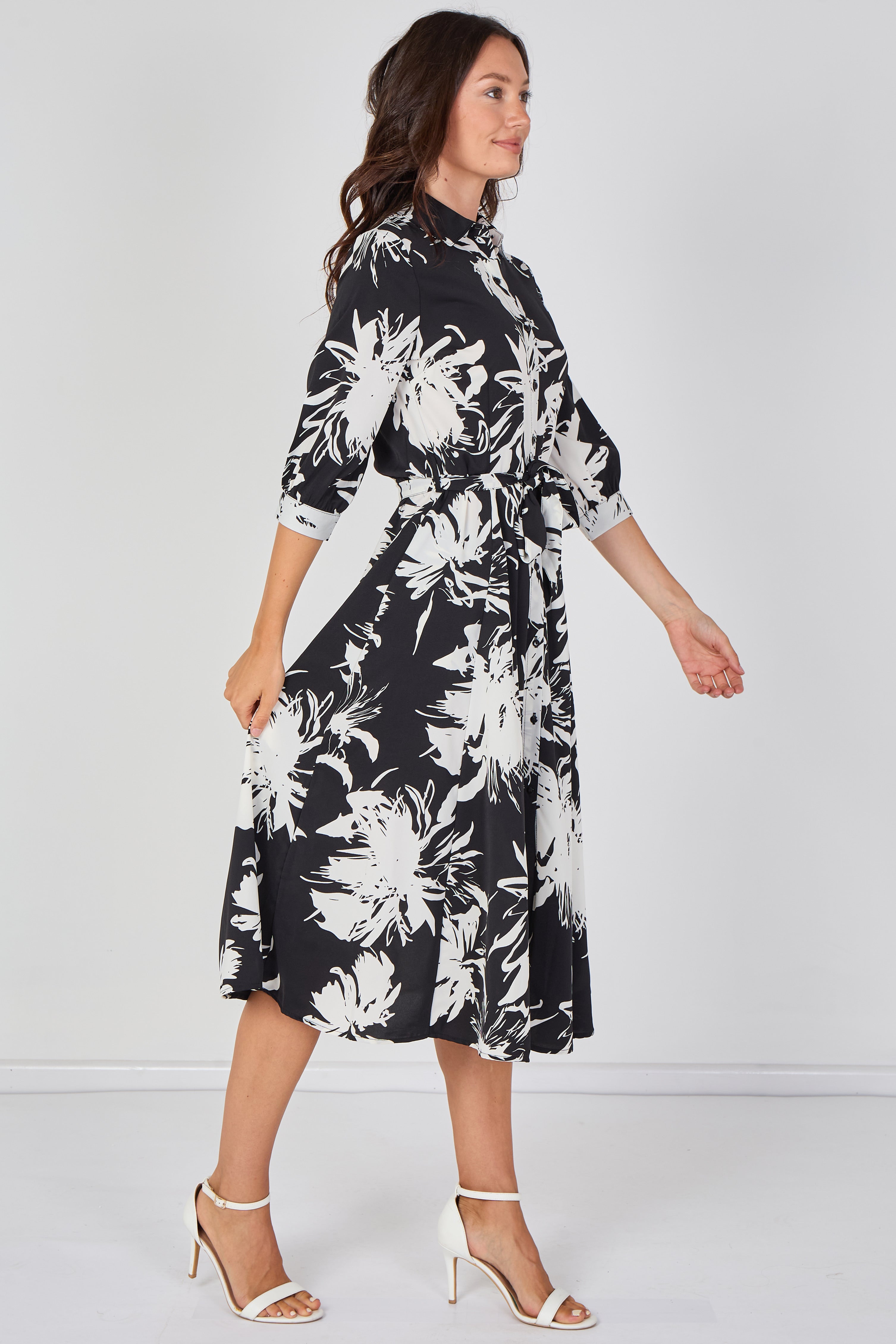 8Pcs Black and White Brushstroke Floral Belted Midi Shirt Dress