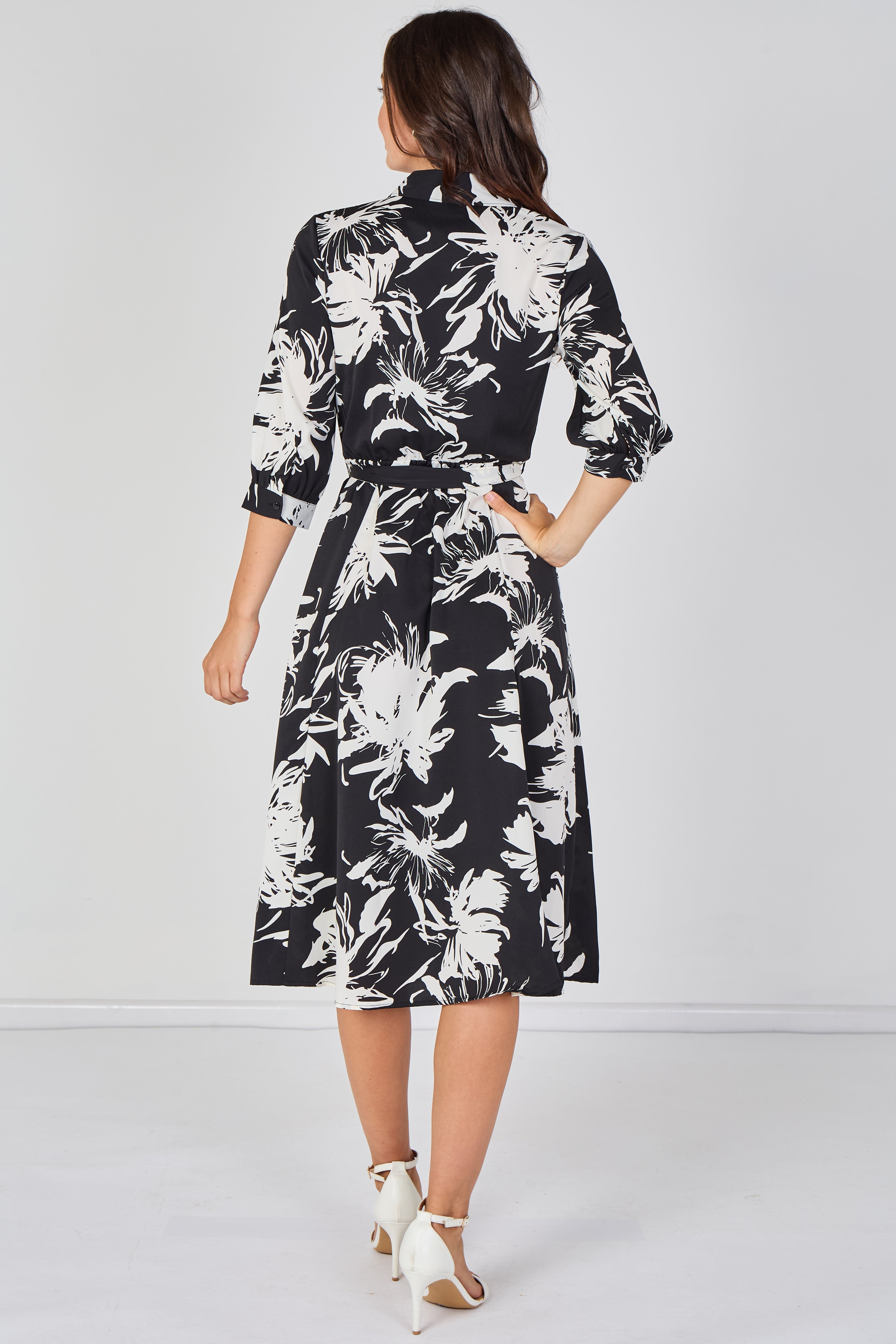 8Pcs Black and White Brushstroke Floral Belted Midi Shirt Dress