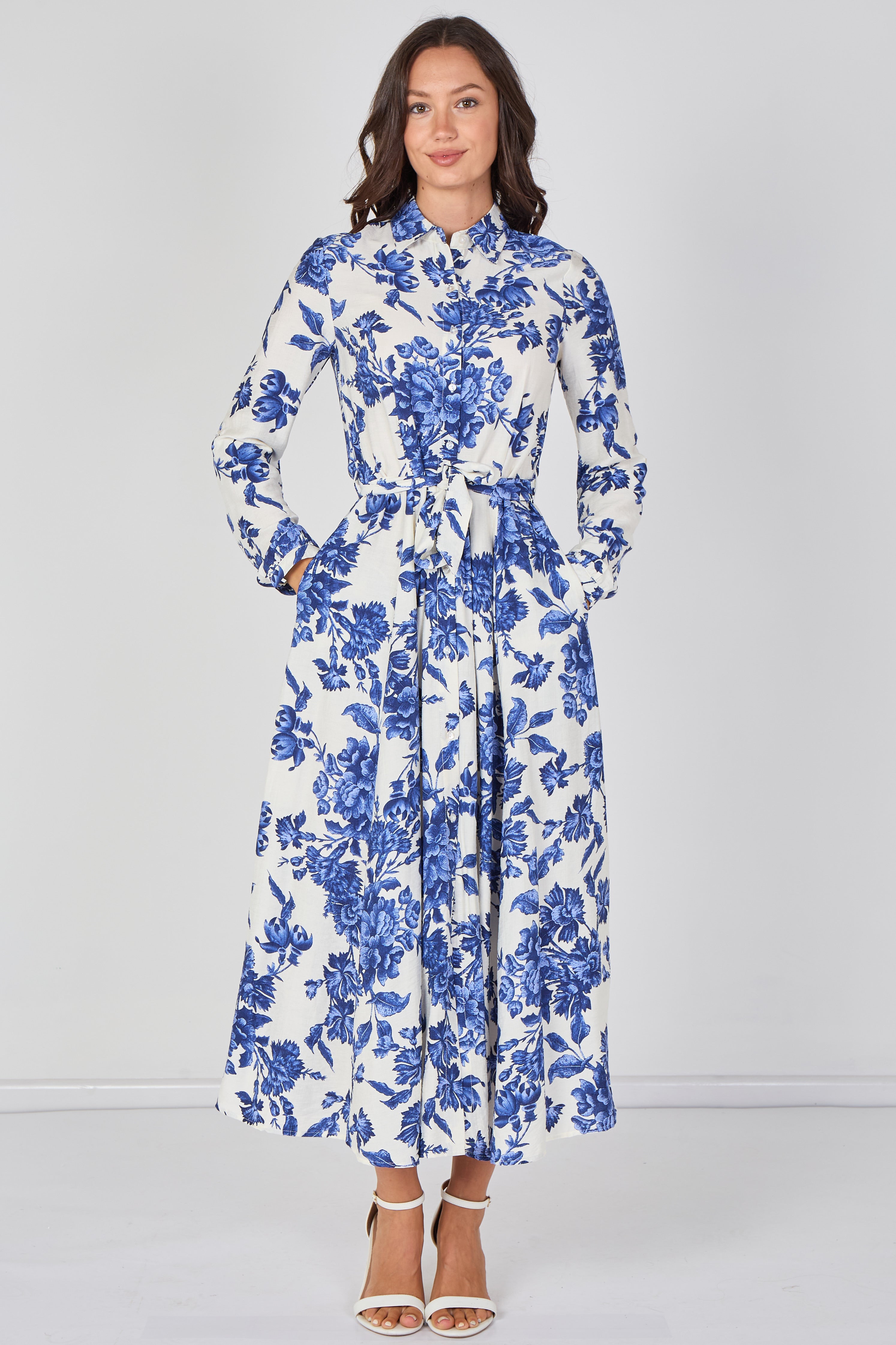 8Pcs Blue Porcelain Floral Printed Belted Maxi Shirt Dress