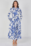 8Pcs Blue Porcelain Floral Printed Belted Maxi Shirt Dress