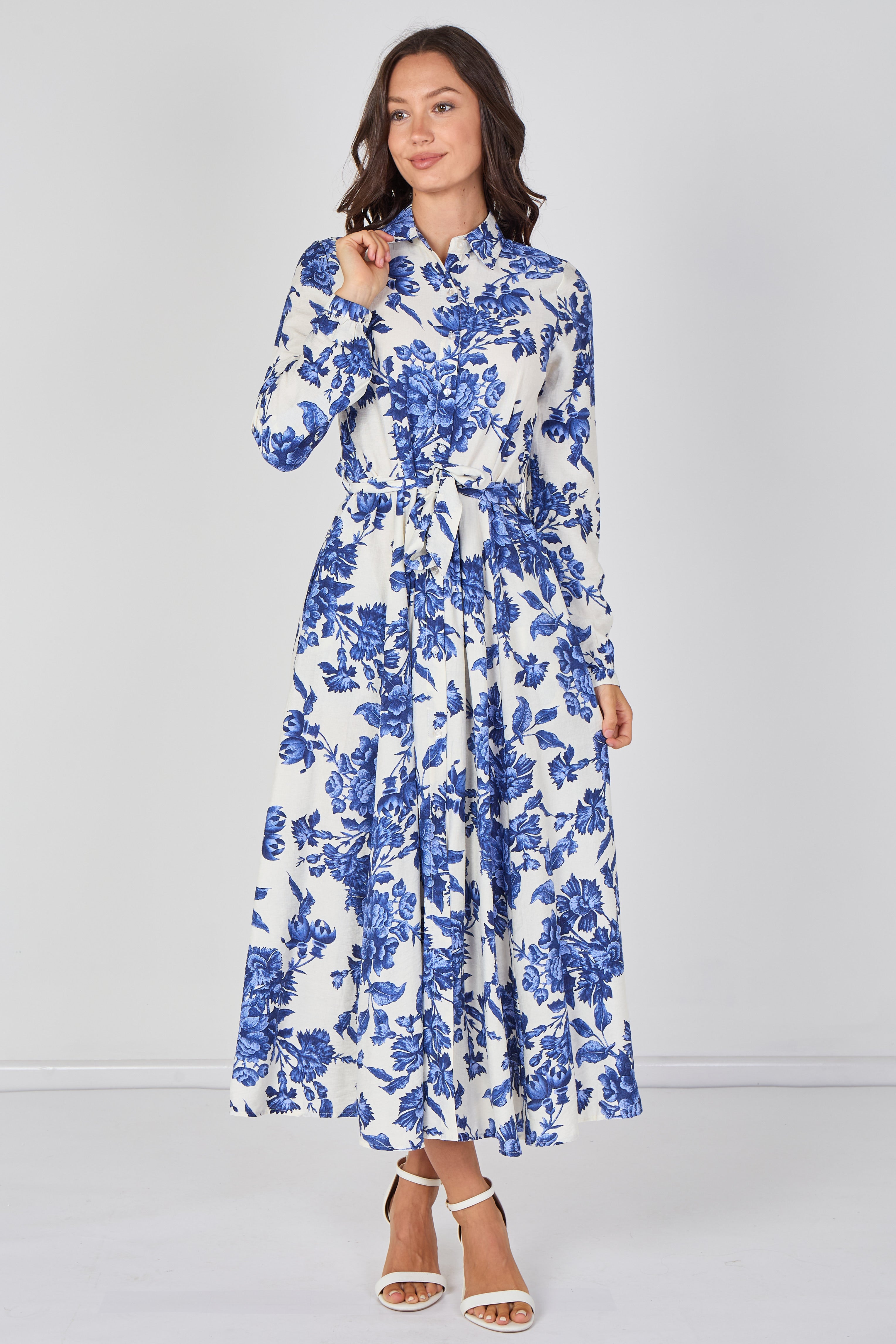8Pcs Blue Porcelain Floral Printed Belted Maxi Shirt Dress