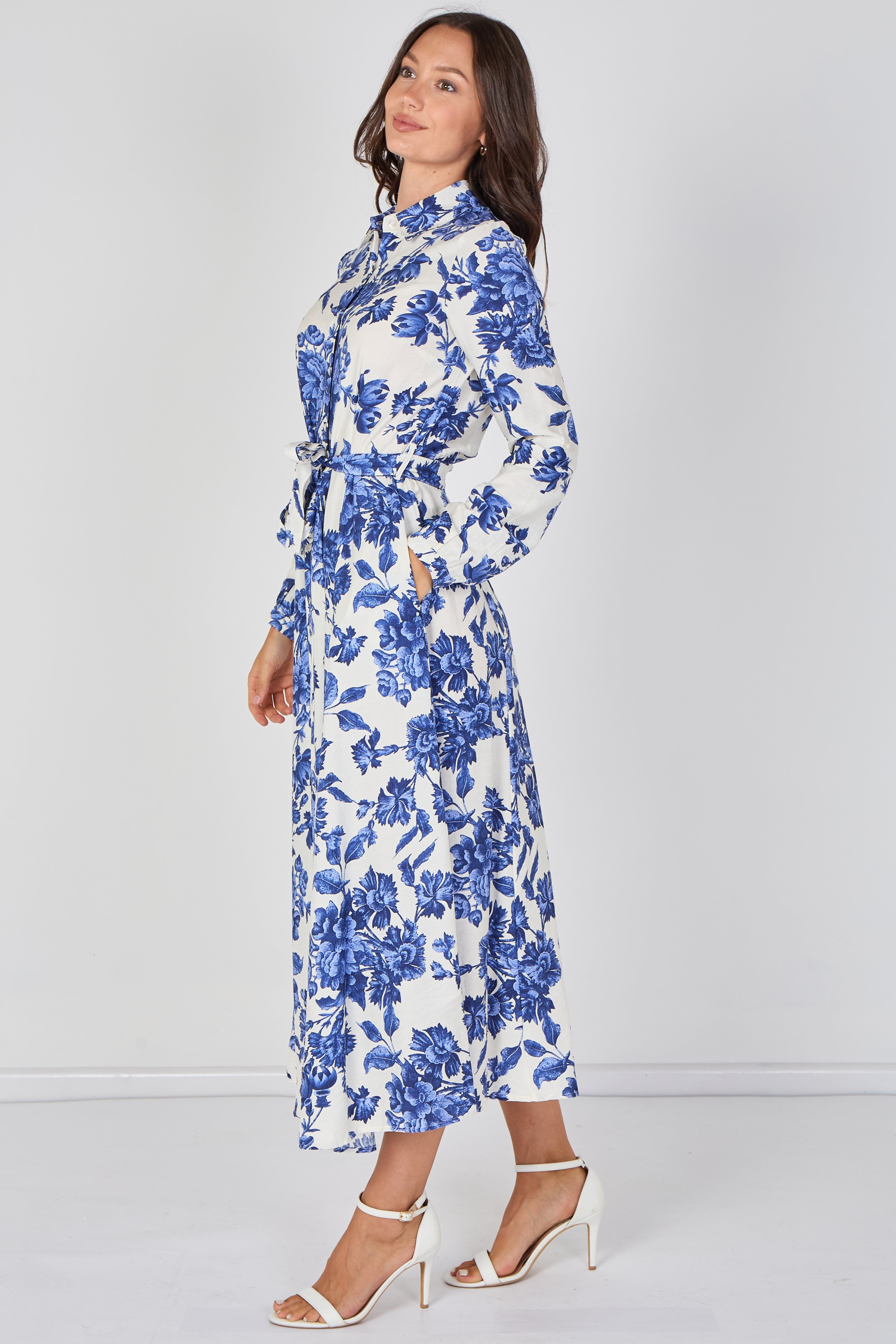 8Pcs Blue Porcelain Floral Printed Belted Maxi Shirt Dress