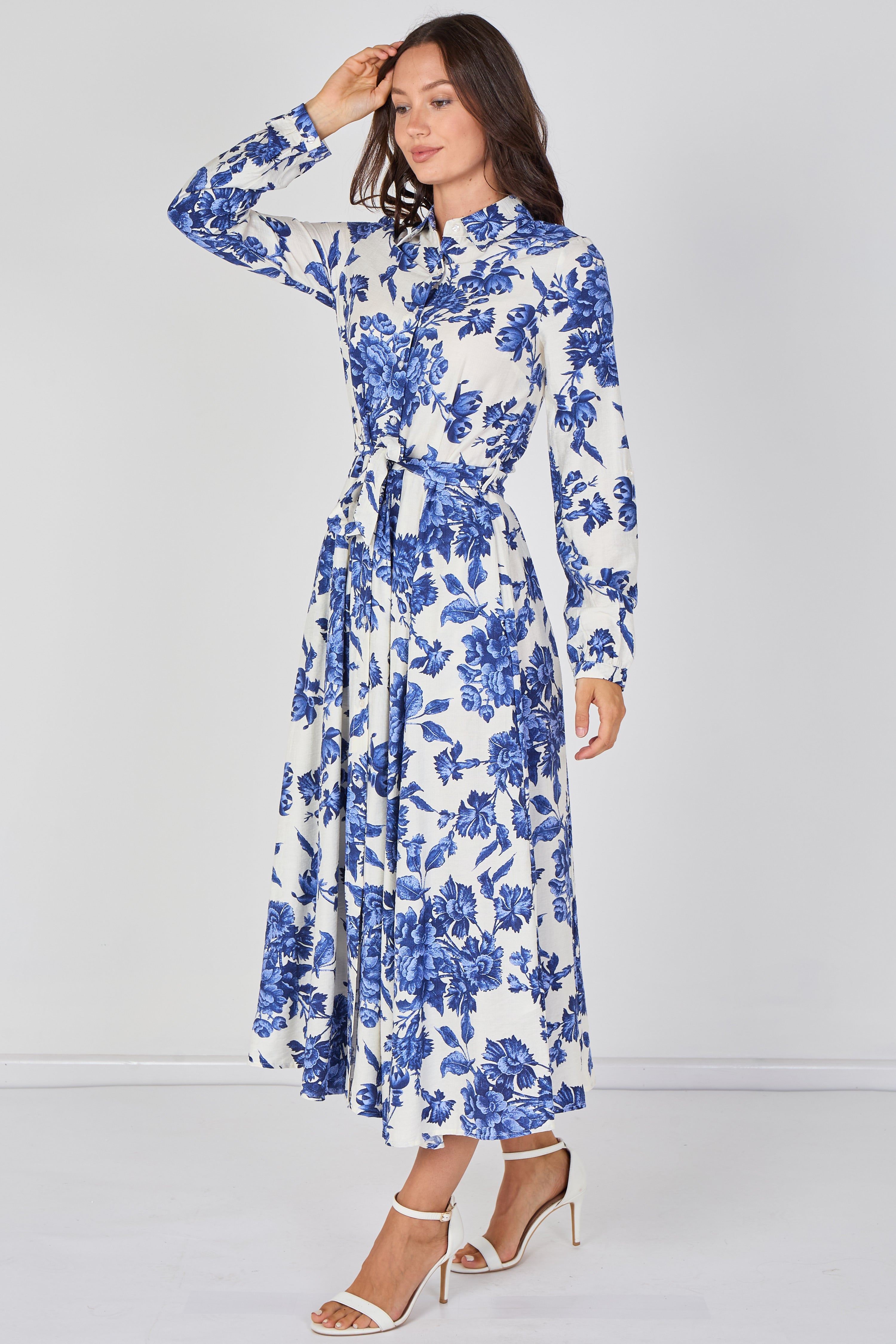 8Pcs Blue Porcelain Floral Printed Belted Maxi Shirt Dress