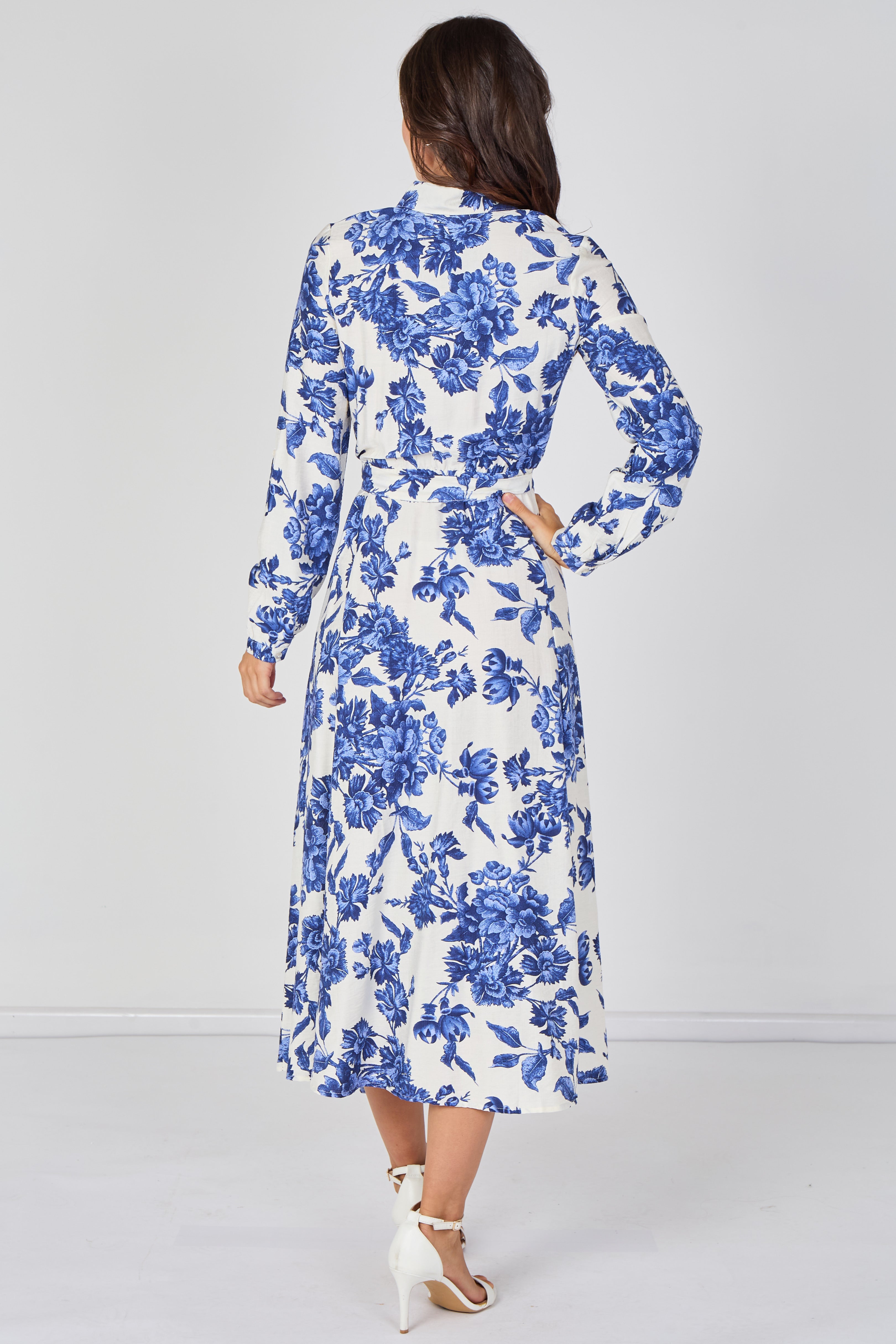 8Pcs Blue Porcelain Floral Printed Belted Maxi Shirt Dress