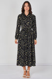 8Pcs Wildflower Ditsy Printed Black Belted Maxi Shirt Dress