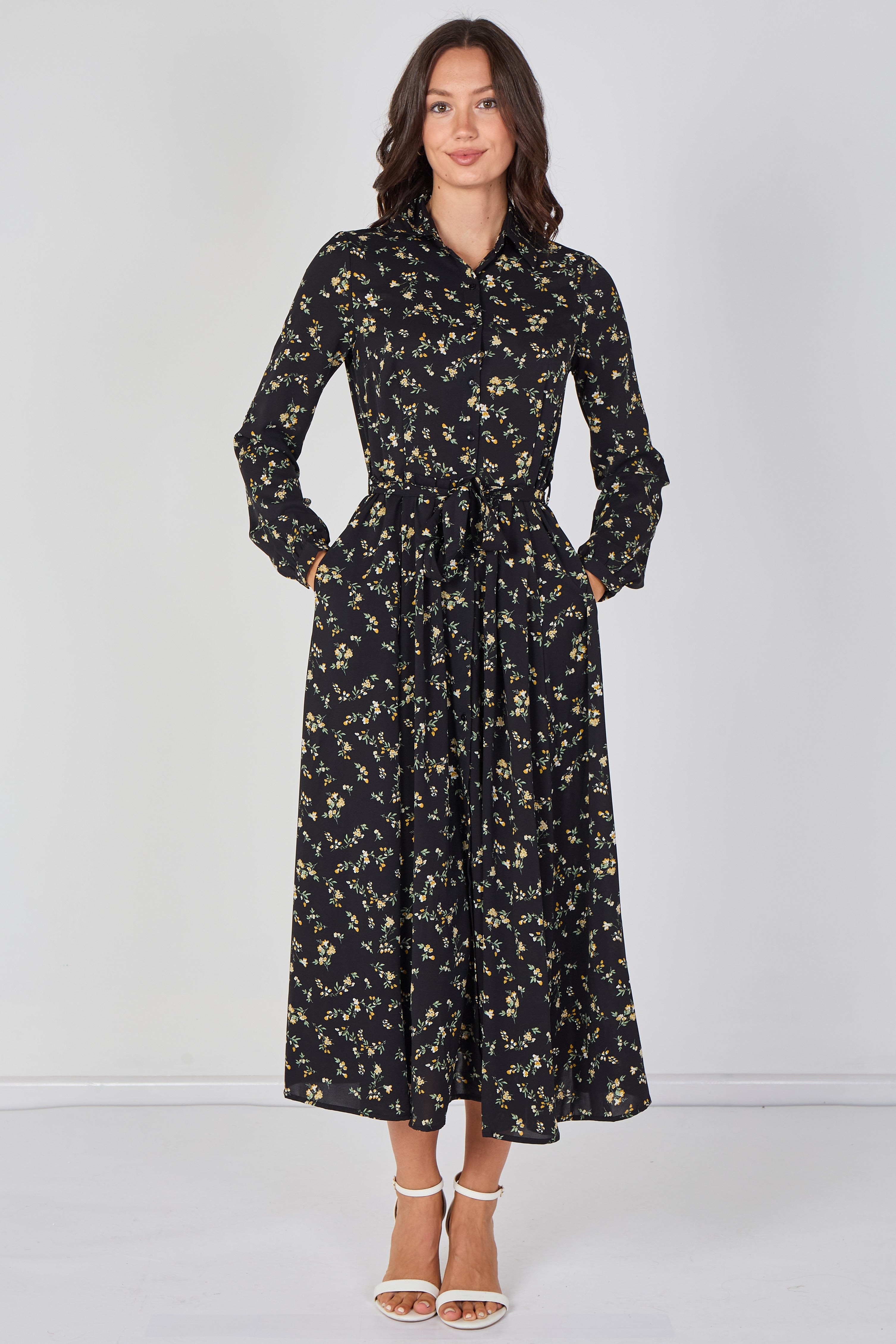 8Pcs Wildflower Ditsy Printed Black Belted Maxi Shirt Dress