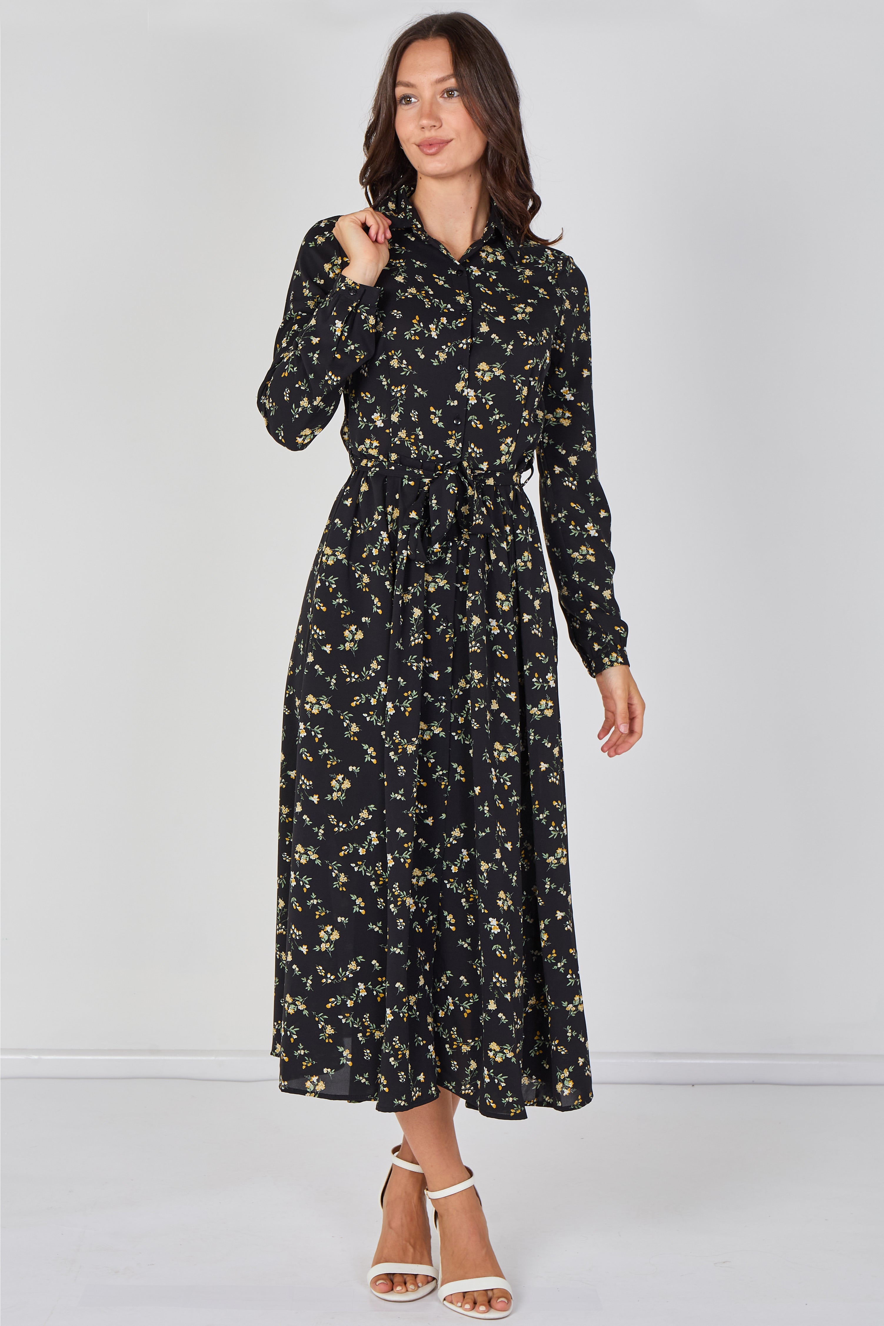 8Pcs Wildflower Ditsy Printed Black Belted Maxi Shirt Dress