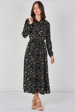 8Pcs Wildflower Ditsy Printed Black Belted Maxi Shirt Dress