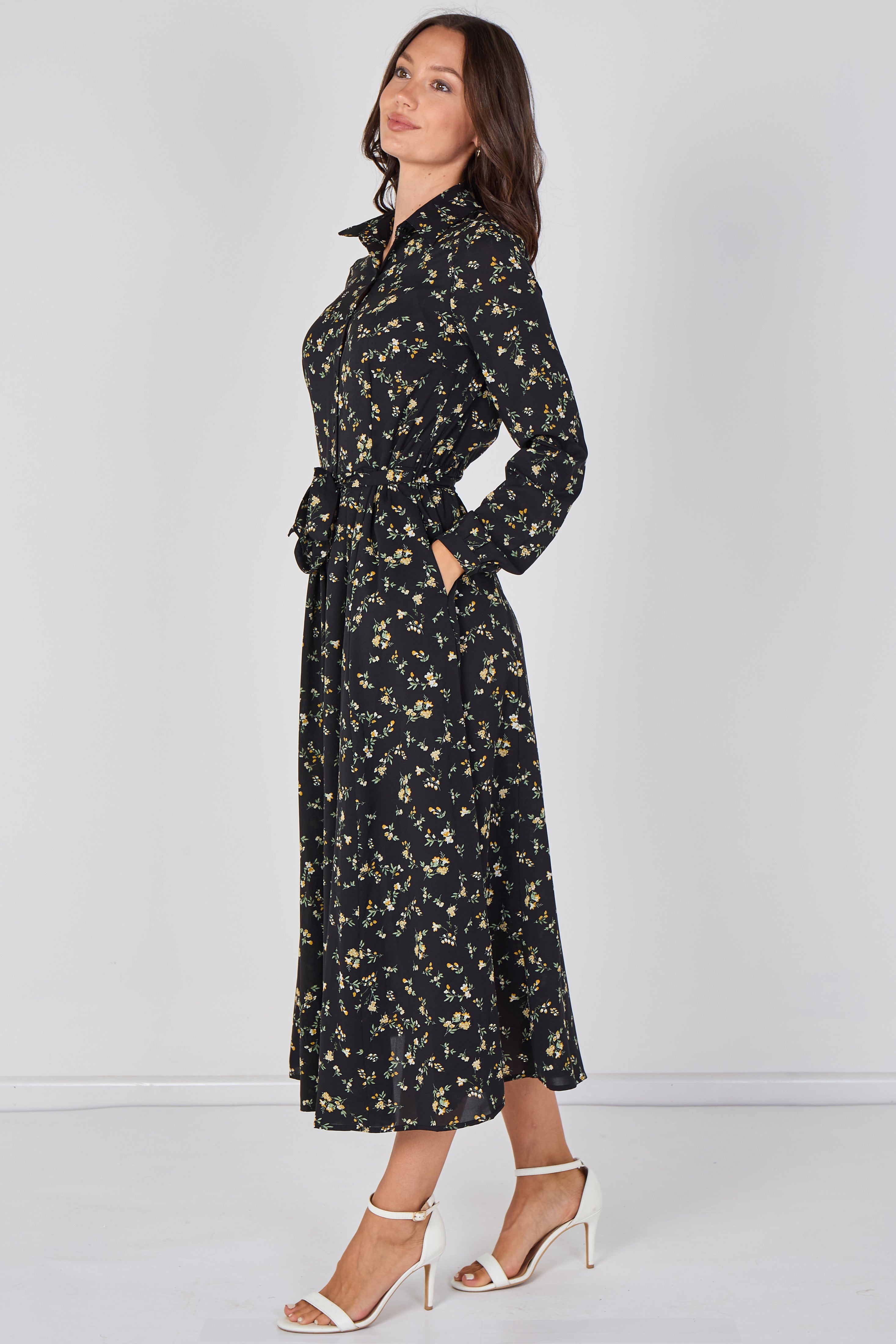 8Pcs Wildflower Ditsy Printed Black Belted Maxi Shirt Dress