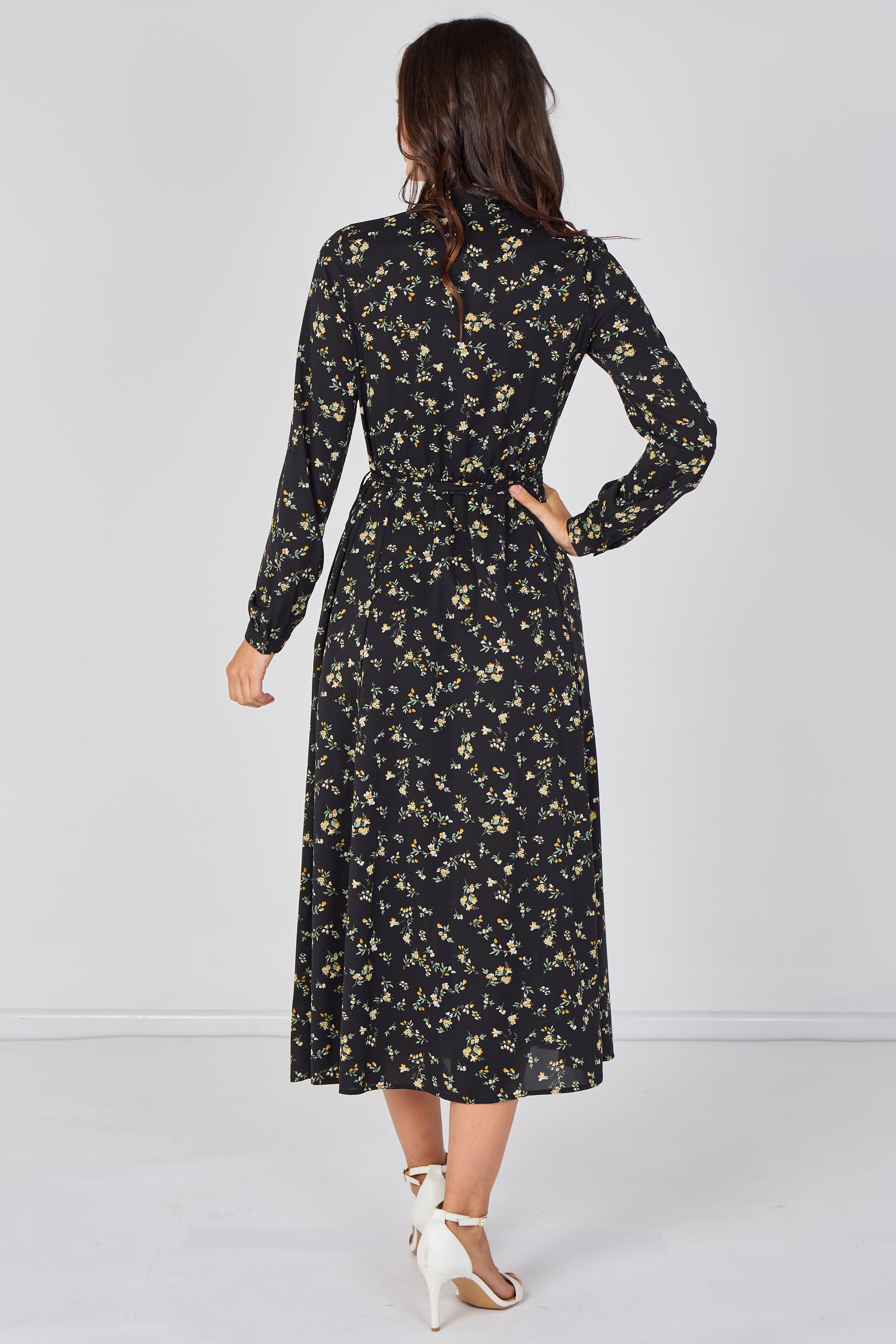 8Pcs Wildflower Ditsy Printed Black Belted Maxi Shirt Dress