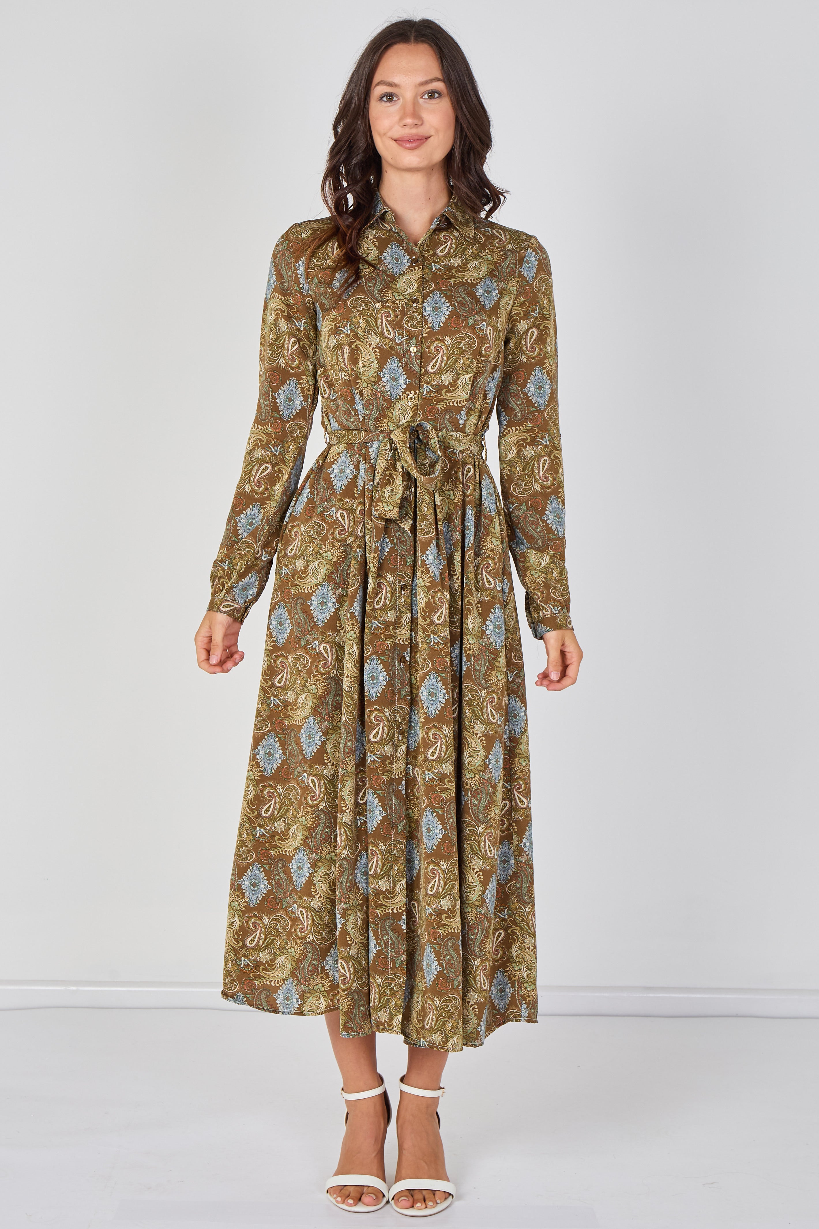 8Pcs Paisley Meadow Printed Khaki Belted Maxi Shirt Dress
