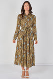 8Pcs Paisley Meadow Printed Khaki Belted Maxi Shirt Dress