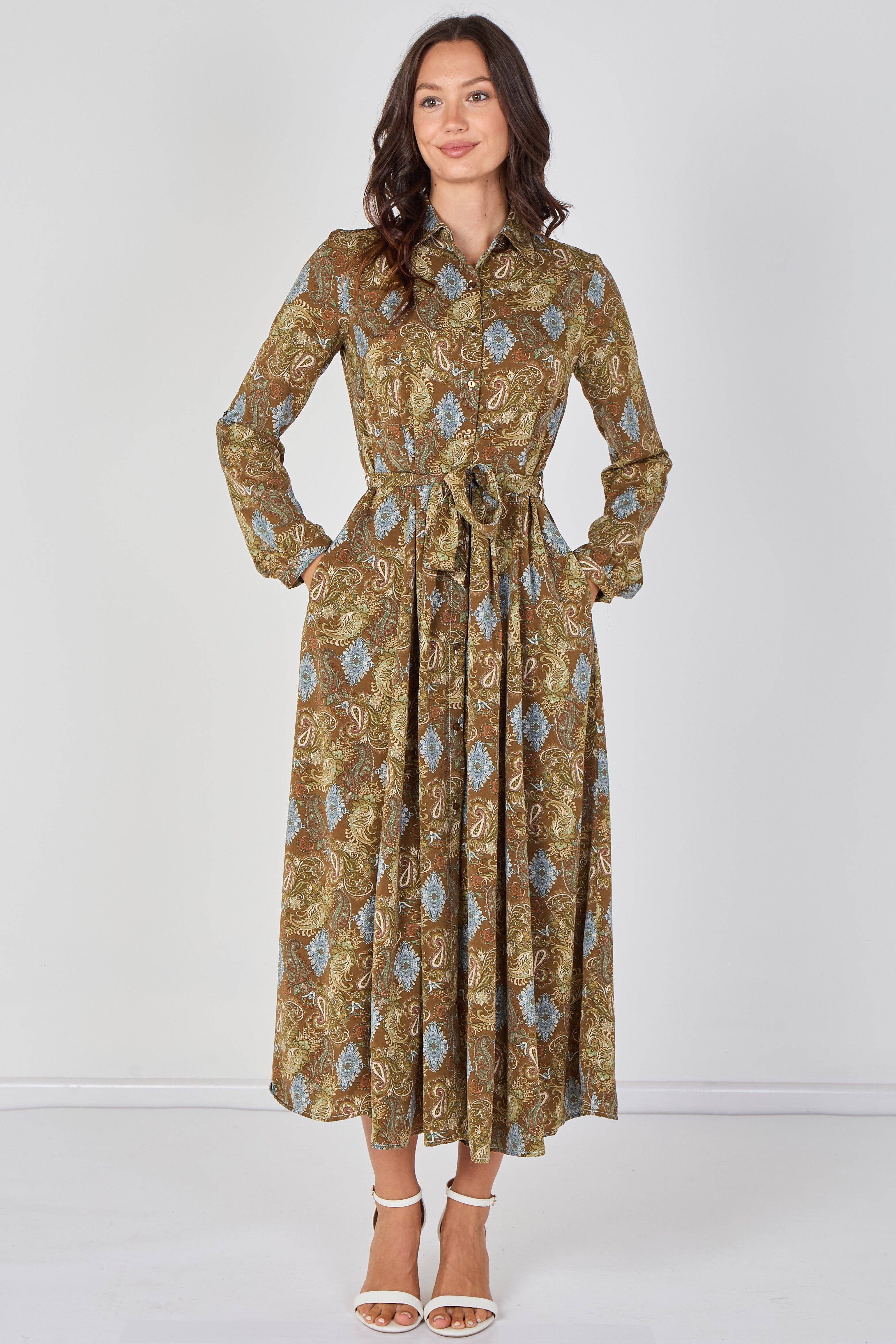8Pcs Paisley Meadow Printed Khaki Belted Maxi Shirt Dress
