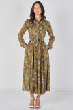8Pcs Paisley Meadow Printed Khaki Belted Maxi Shirt Dress
