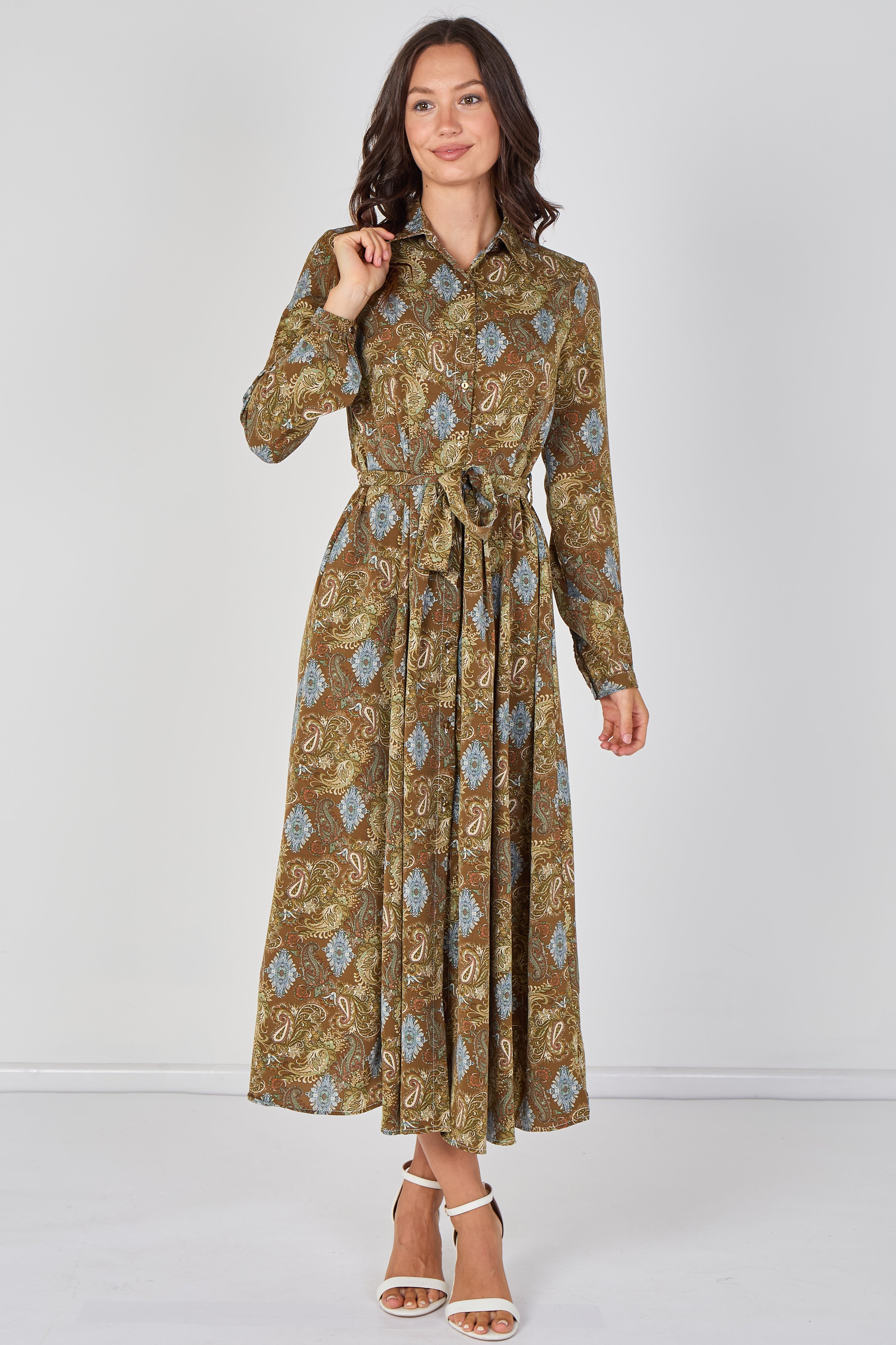 8Pcs Paisley Meadow Printed Khaki Belted Maxi Shirt Dress