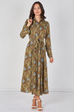8Pcs Paisley Meadow Printed Khaki Belted Maxi Shirt Dress