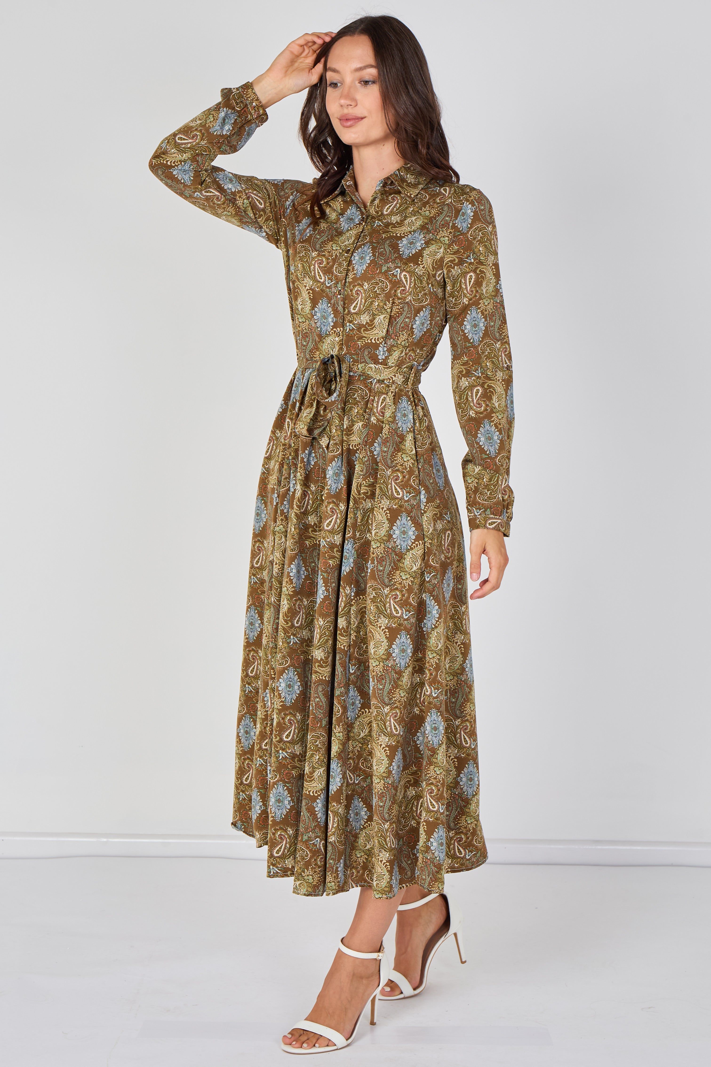 8Pcs Paisley Meadow Printed Khaki Belted Maxi Shirt Dress