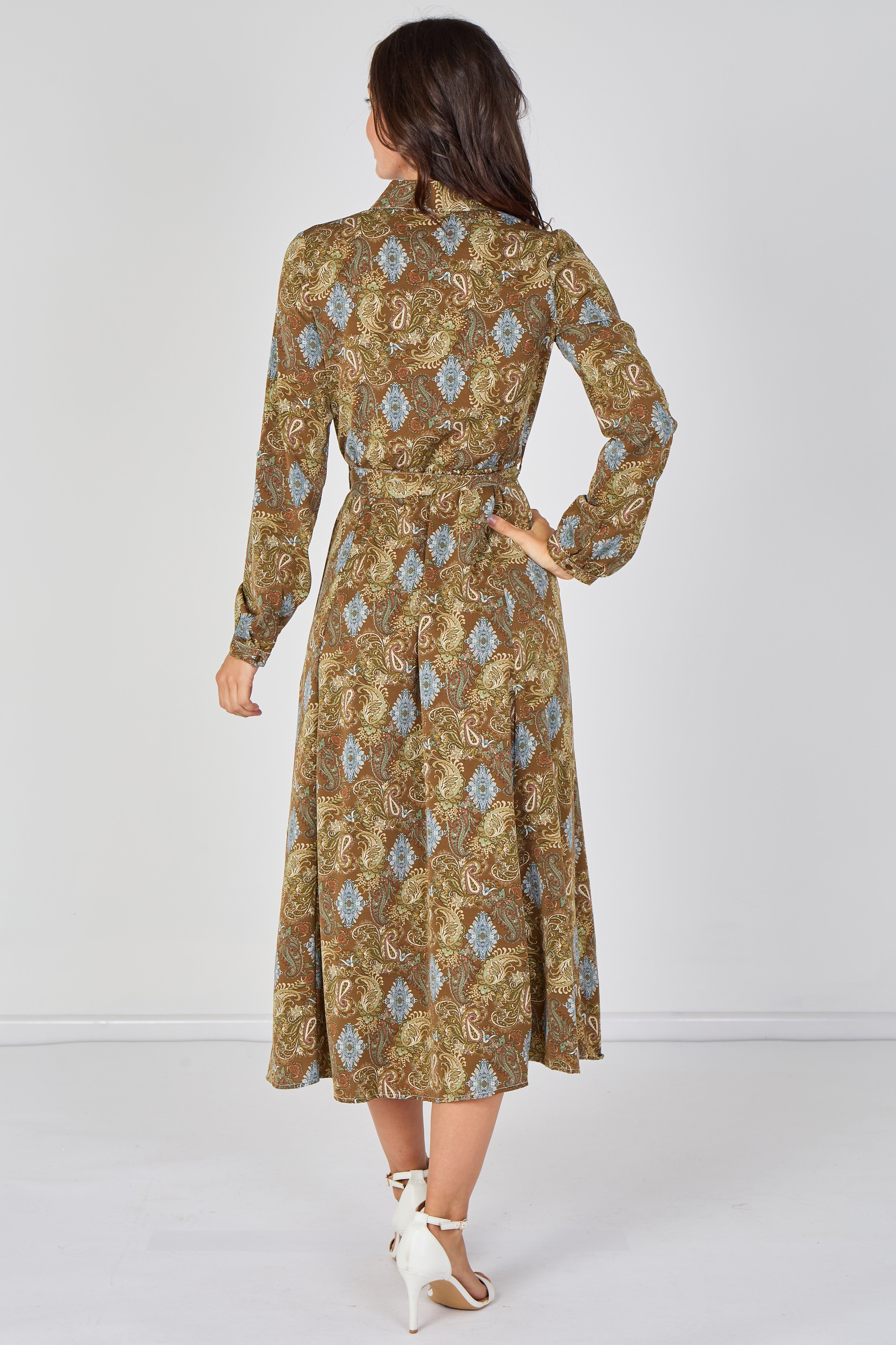 8Pcs Paisley Meadow Printed Khaki Belted Maxi Shirt Dress