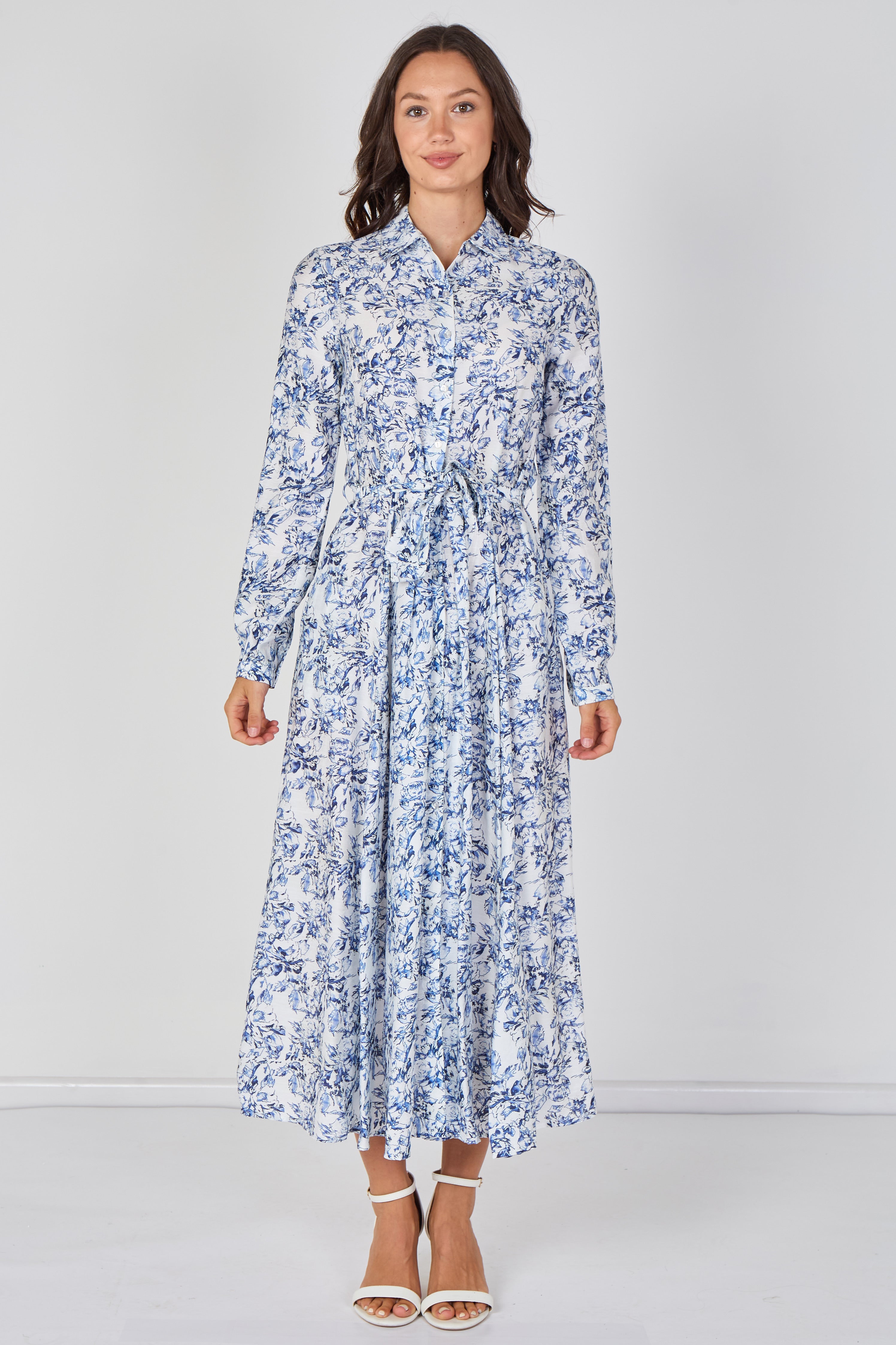 8Pcs Blue Toile Printed  Belted Maxi Shirt Dress