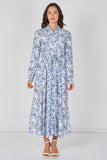 8Pcs Blue Toile Printed  Belted Maxi Shirt Dress