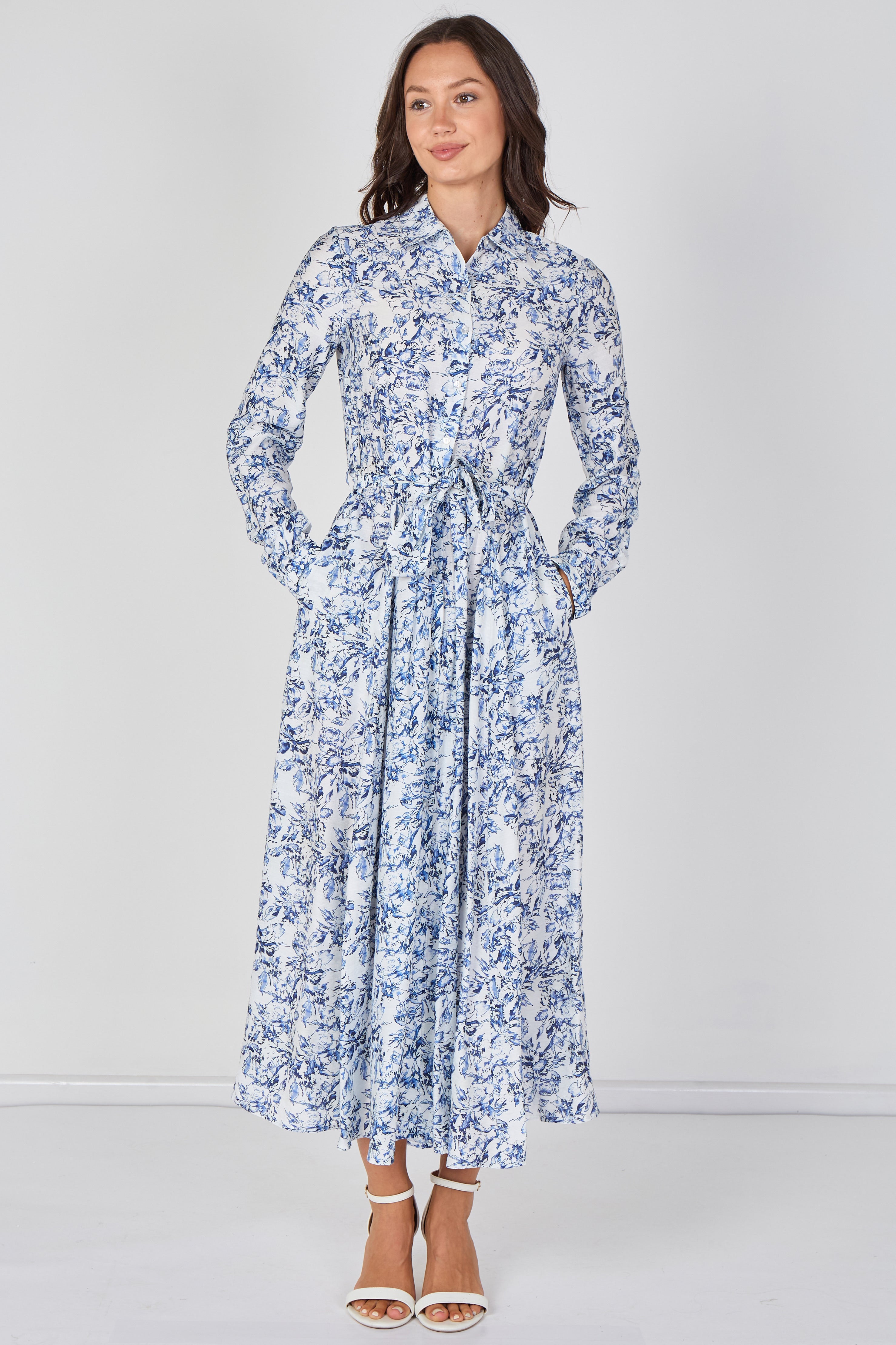 8Pcs Blue Toile Printed  Belted Maxi Shirt Dress