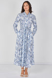 8Pcs Blue Toile Printed  Belted Maxi Shirt Dress