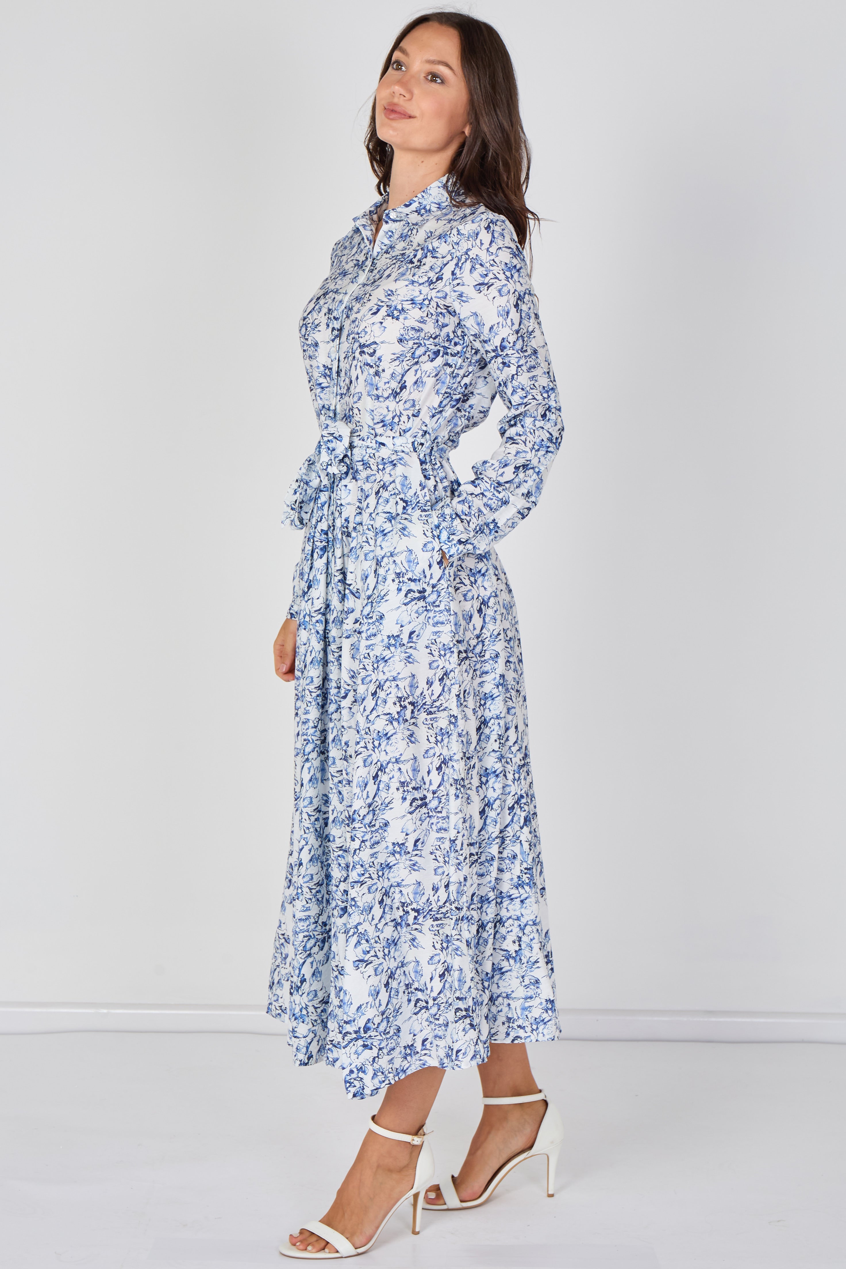 8Pcs Blue Toile Printed  Belted Maxi Shirt Dress