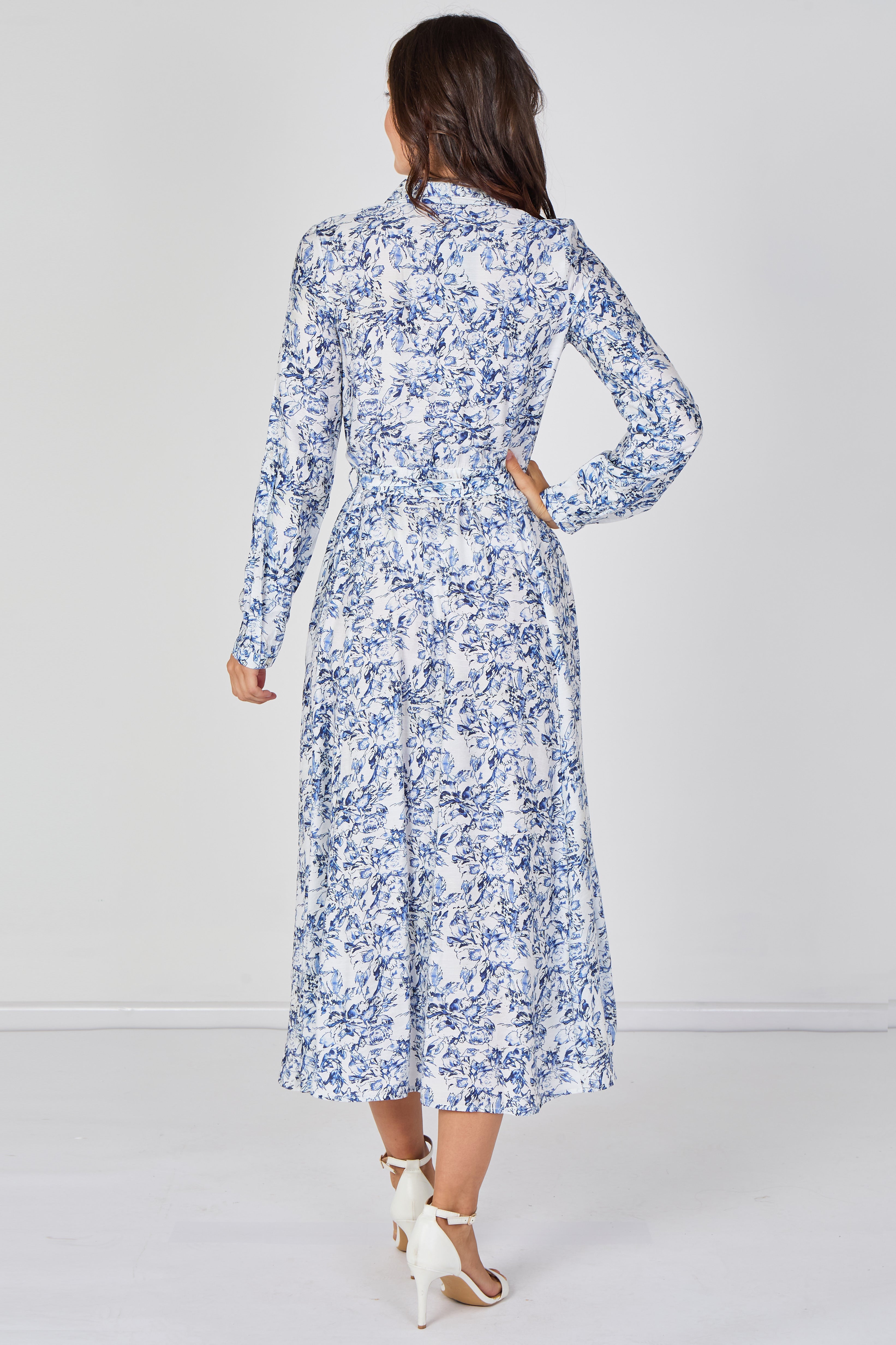 8Pcs Blue Toile Printed  Belted Maxi Shirt Dress