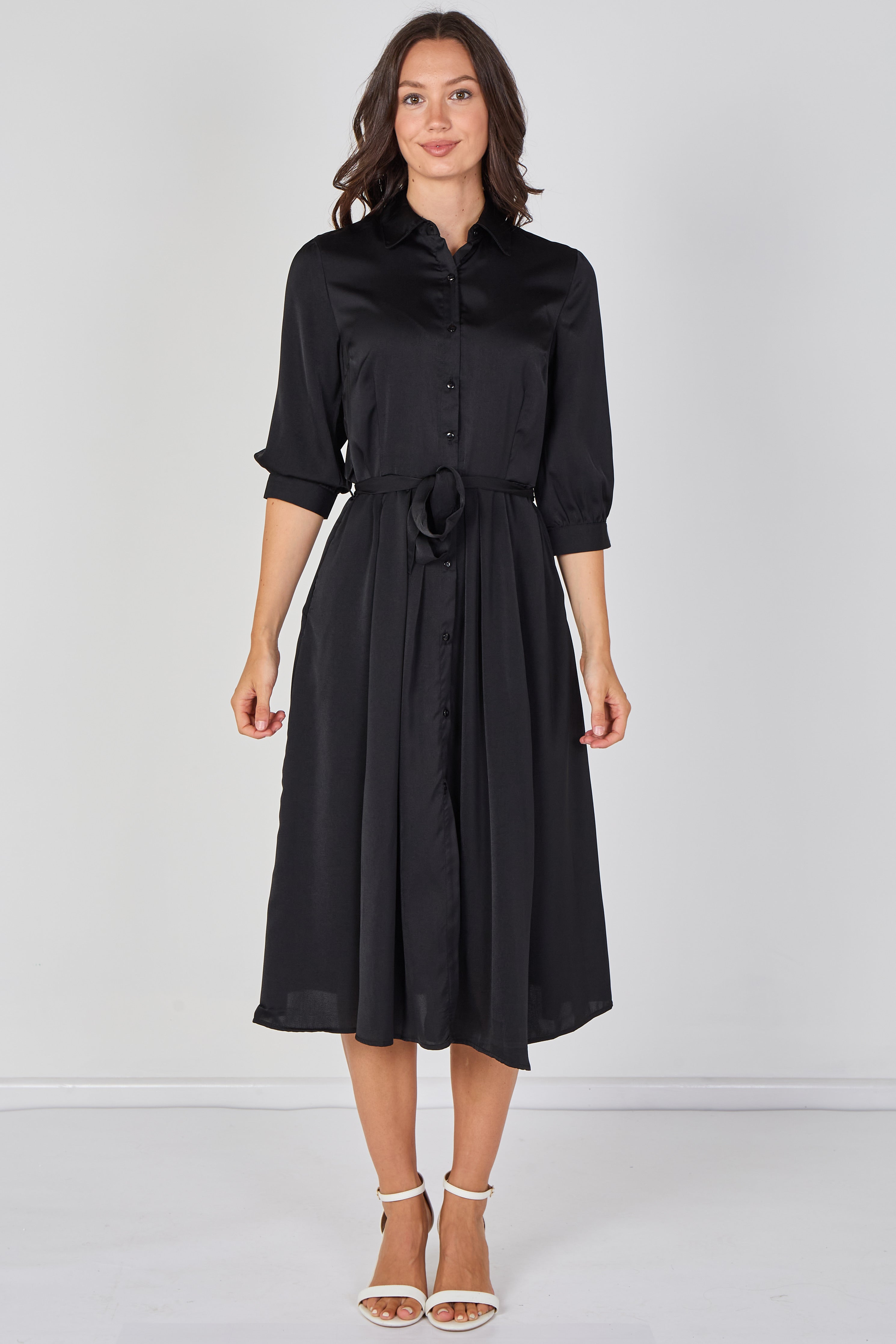 8Pcs Plain Black Velvety Satin Belted Midi Shirt Dress
