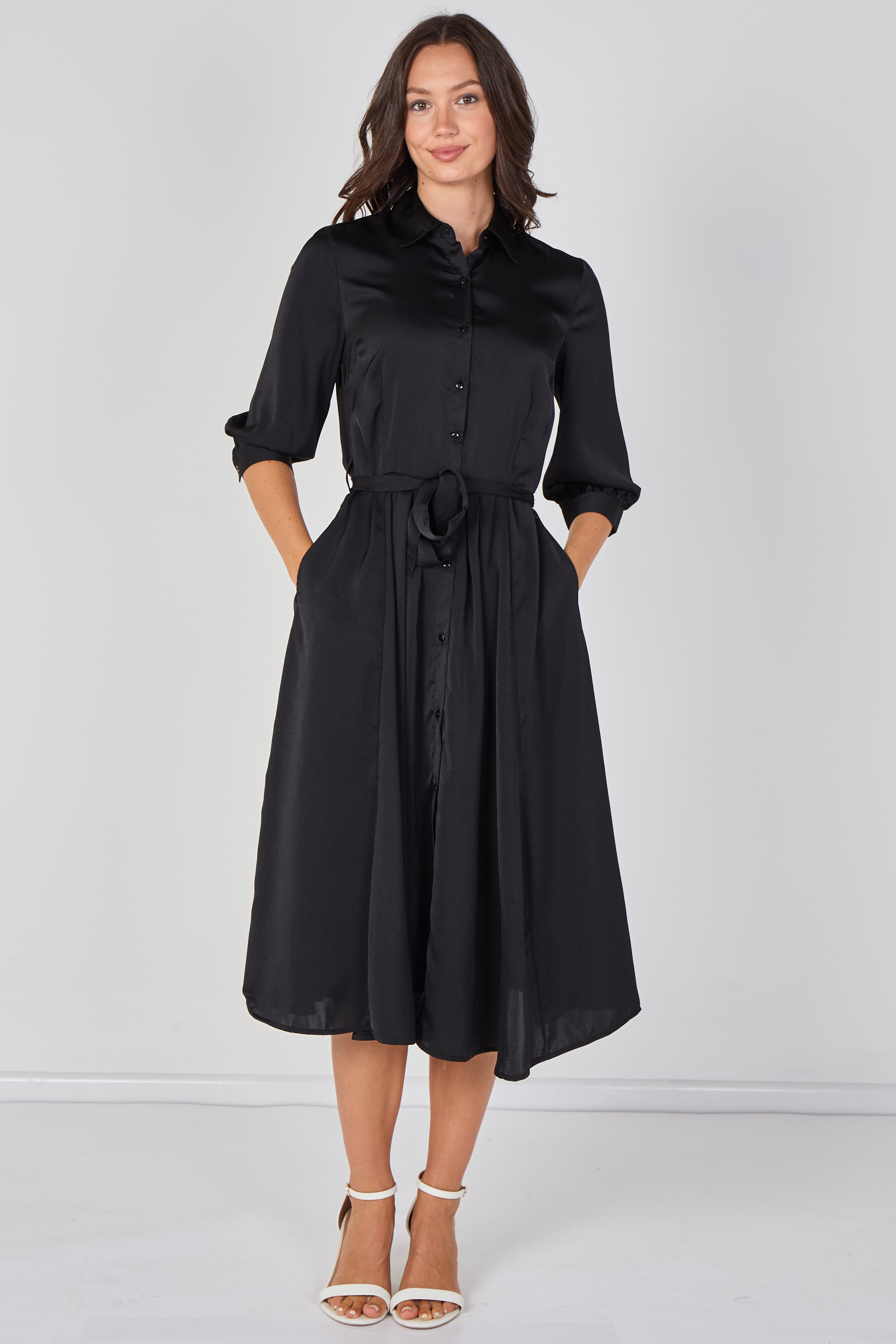 8Pcs Plain Black Velvety Satin Belted Midi Shirt Dress