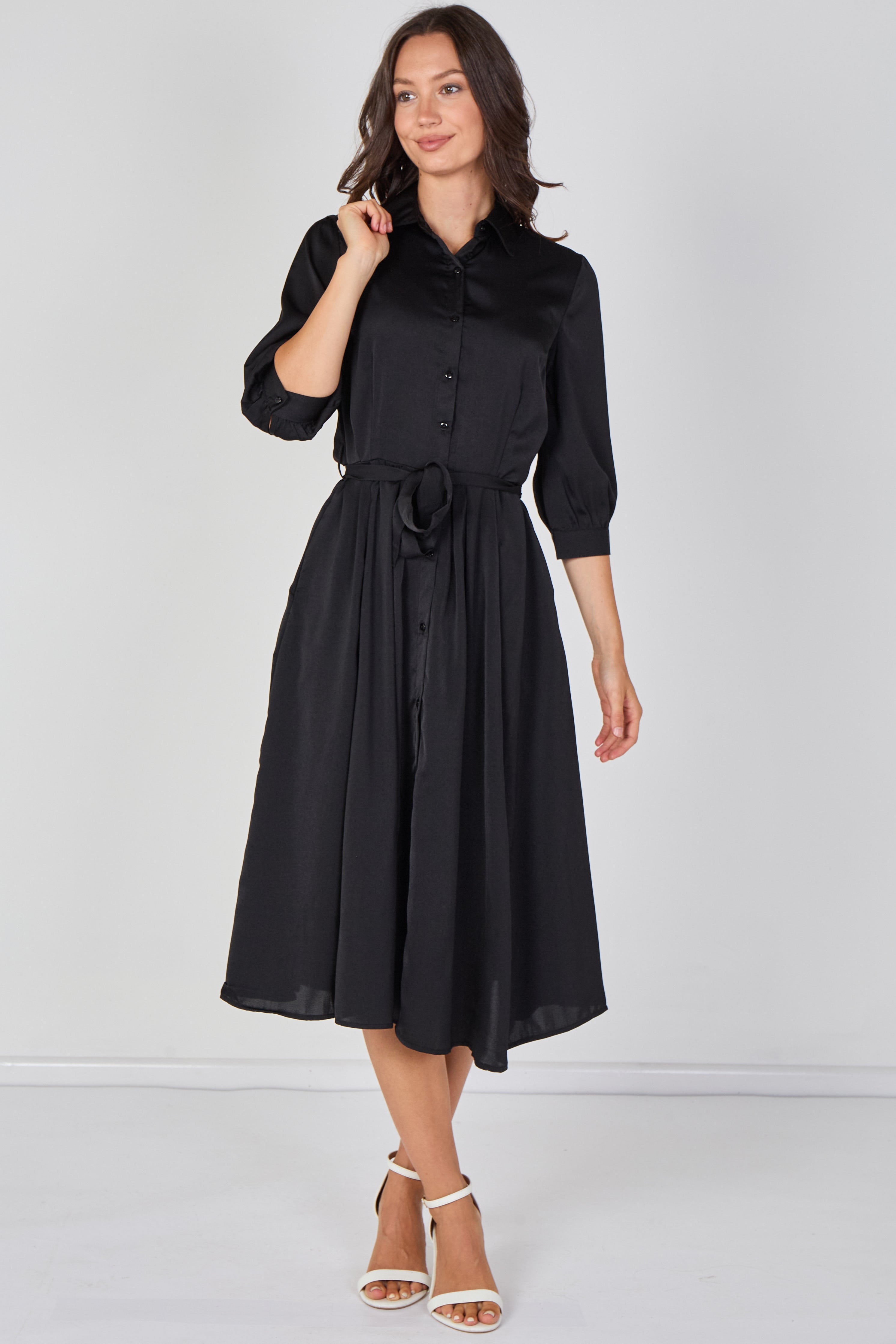 8Pcs Plain Black Velvety Satin Belted Midi Shirt Dress