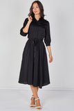 8Pcs Plain Black Velvety Satin Belted Midi Shirt Dress