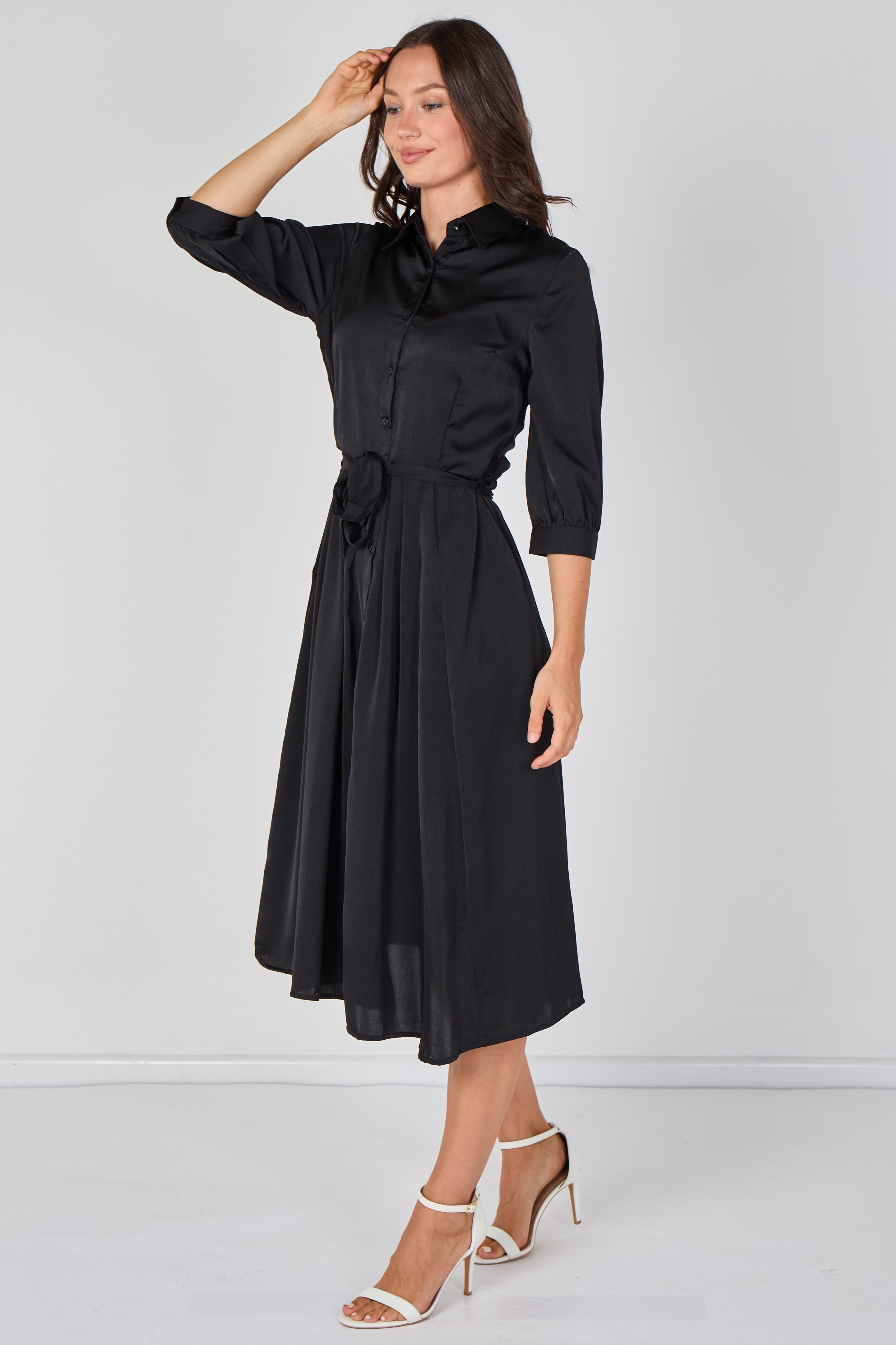 8Pcs Plain Black Velvety Satin Belted Midi Shirt Dress