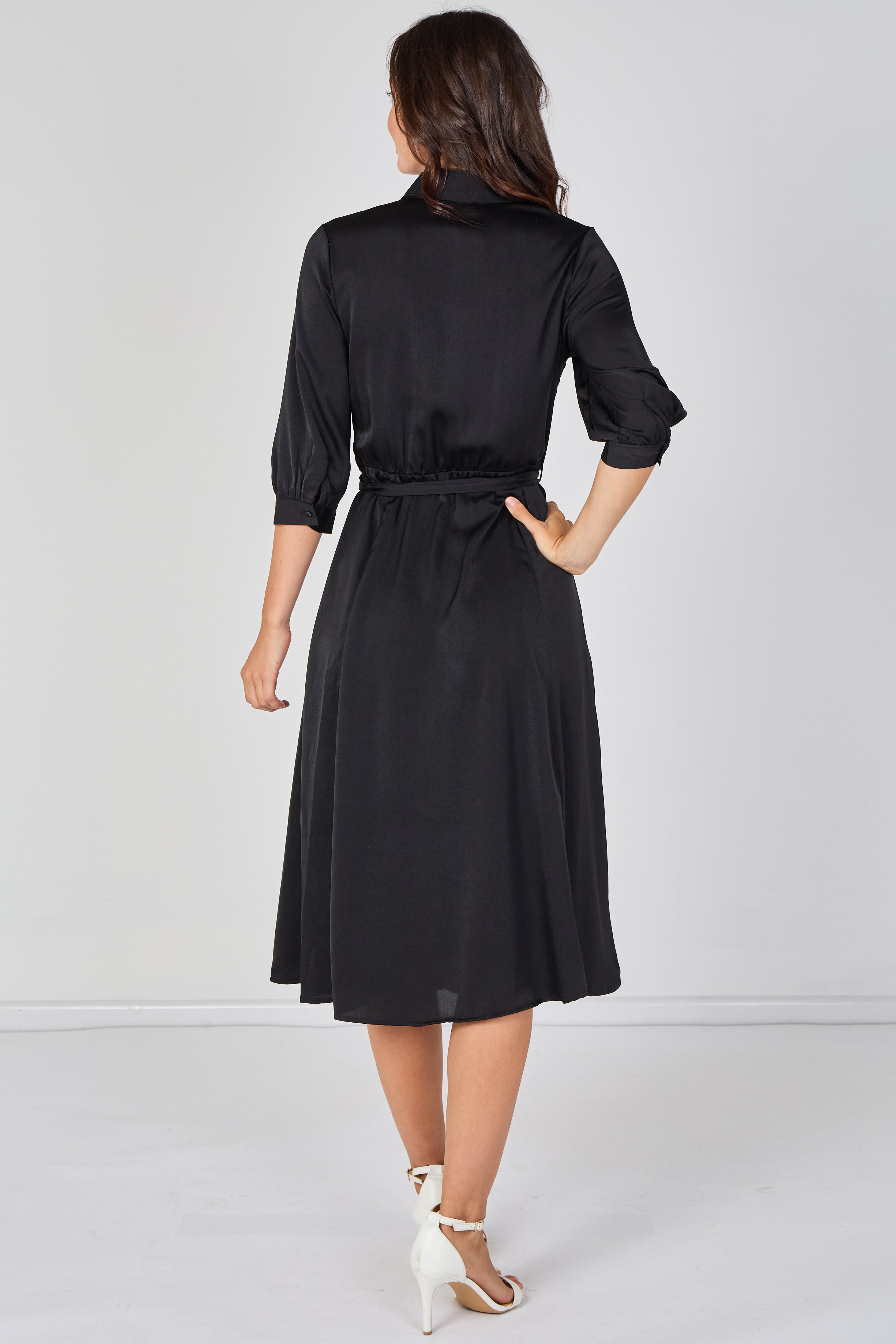 8Pcs Plain Black Velvety Satin Belted Midi Shirt Dress