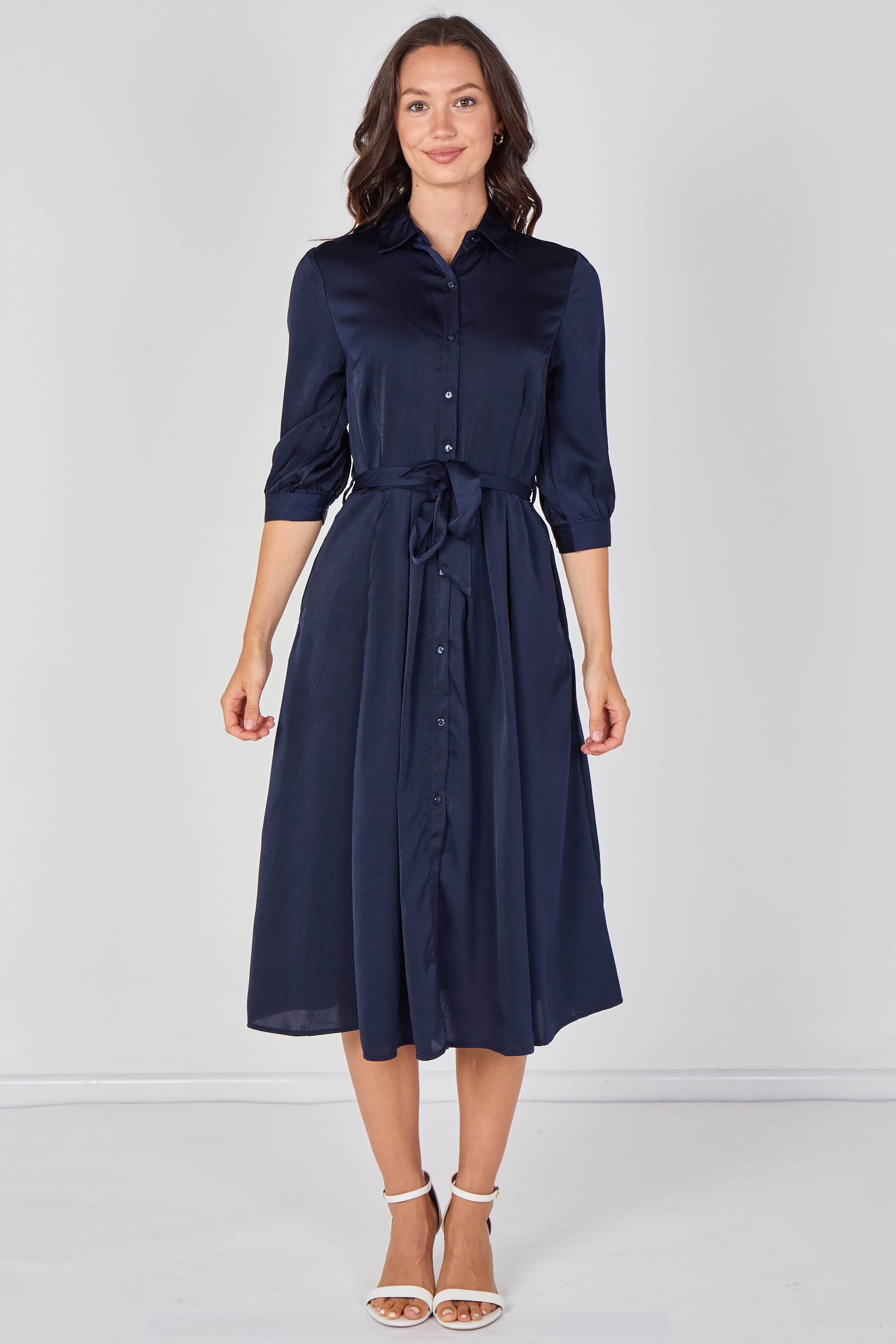 8Pcs Plain Navy Velvety Satin Belted Midi Shirt Dress