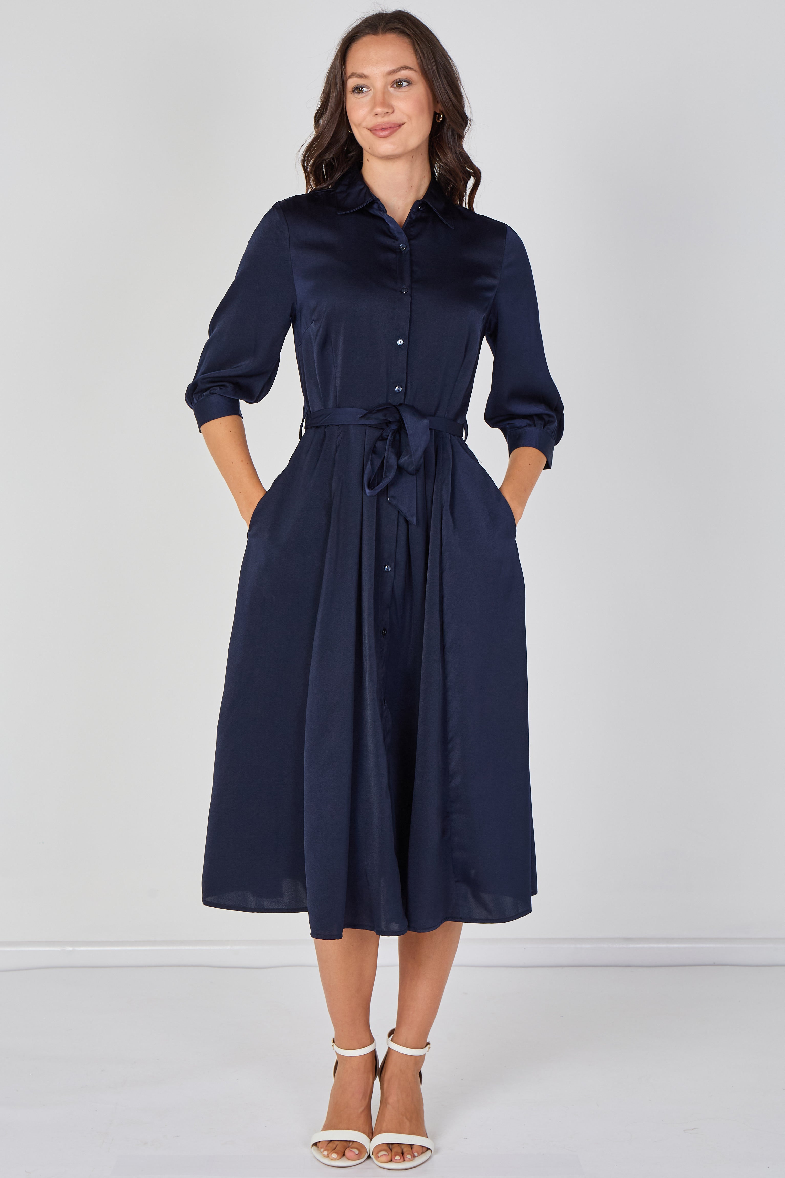 8Pcs Plain Navy Velvety Satin Belted Midi Shirt Dress