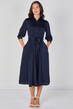8Pcs Plain Navy Velvety Satin Belted Midi Shirt Dress