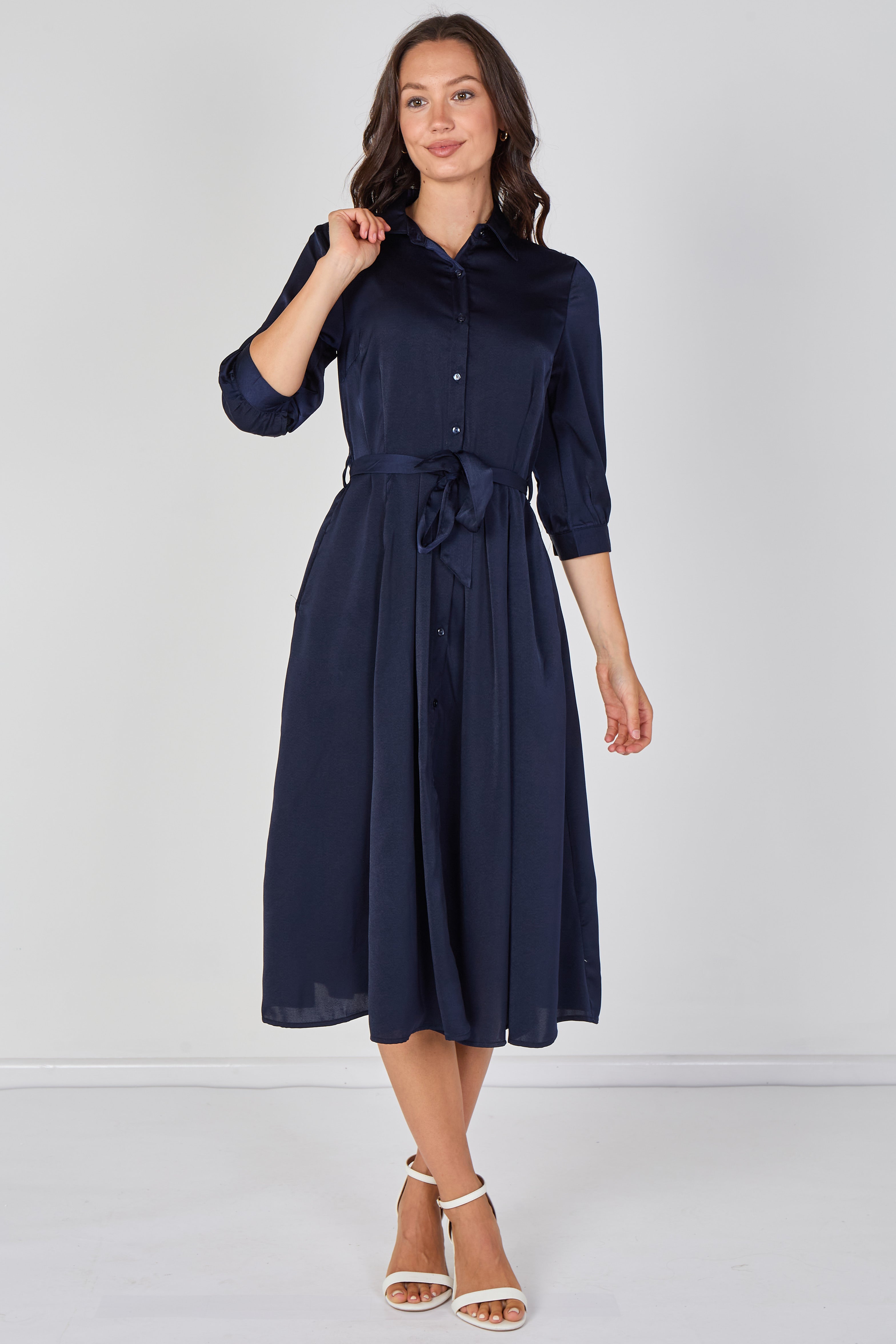 8Pcs Plain Navy Velvety Satin Belted Midi Shirt Dress