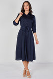 8Pcs Plain Navy Velvety Satin Belted Midi Shirt Dress
