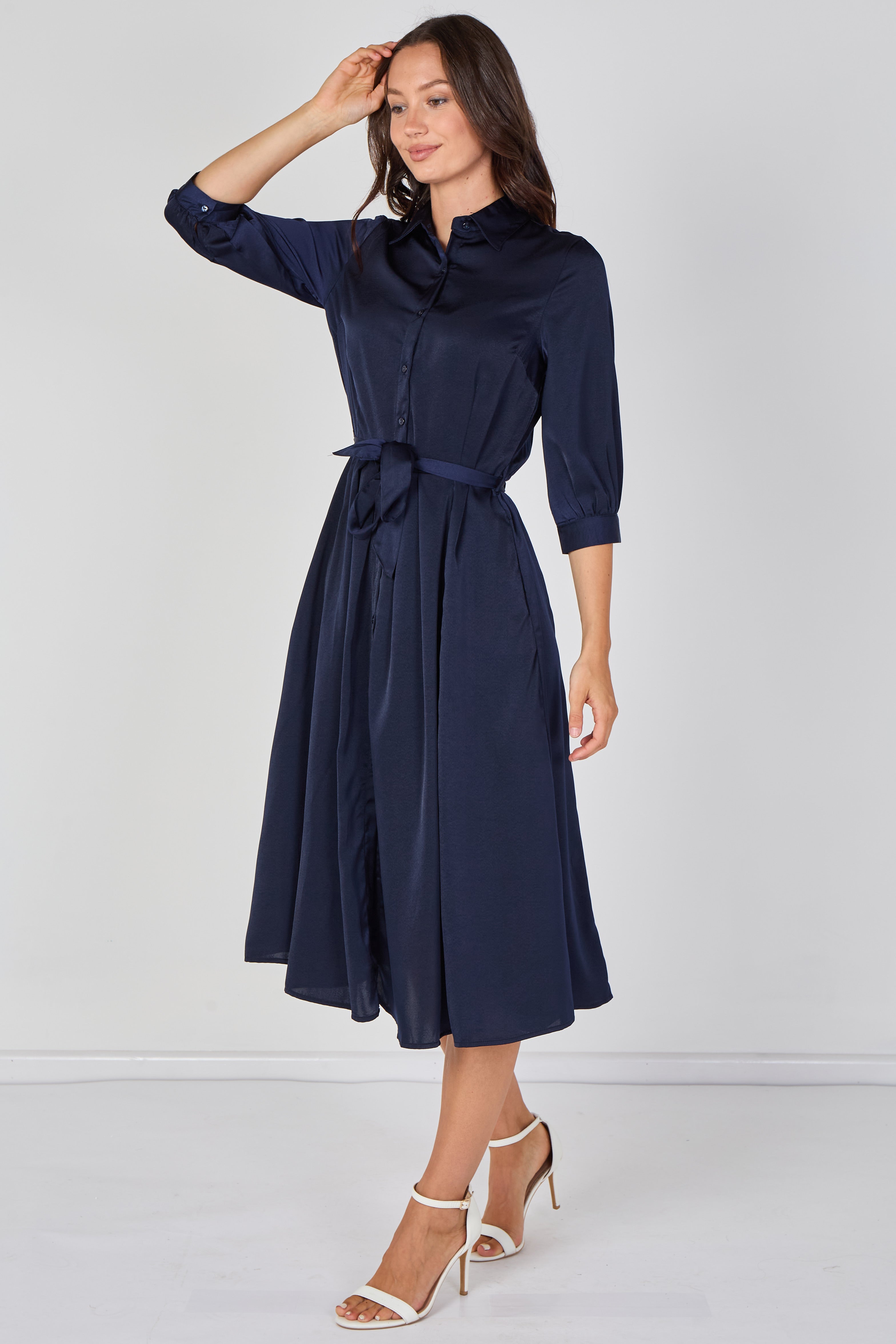 8Pcs Plain Navy Velvety Satin Belted Midi Shirt Dress