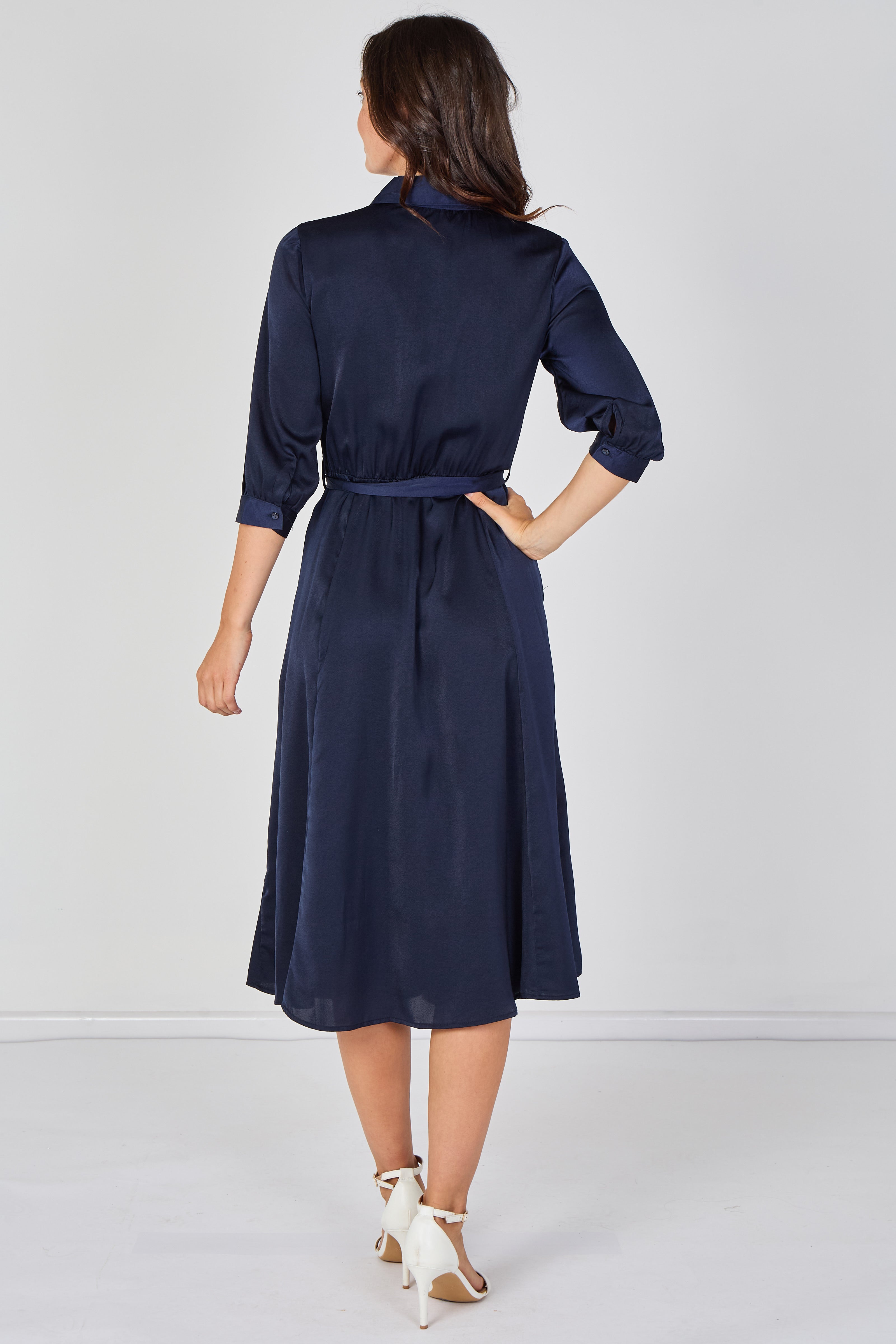 8Pcs Plain Navy Velvety Satin Belted Midi Shirt Dress